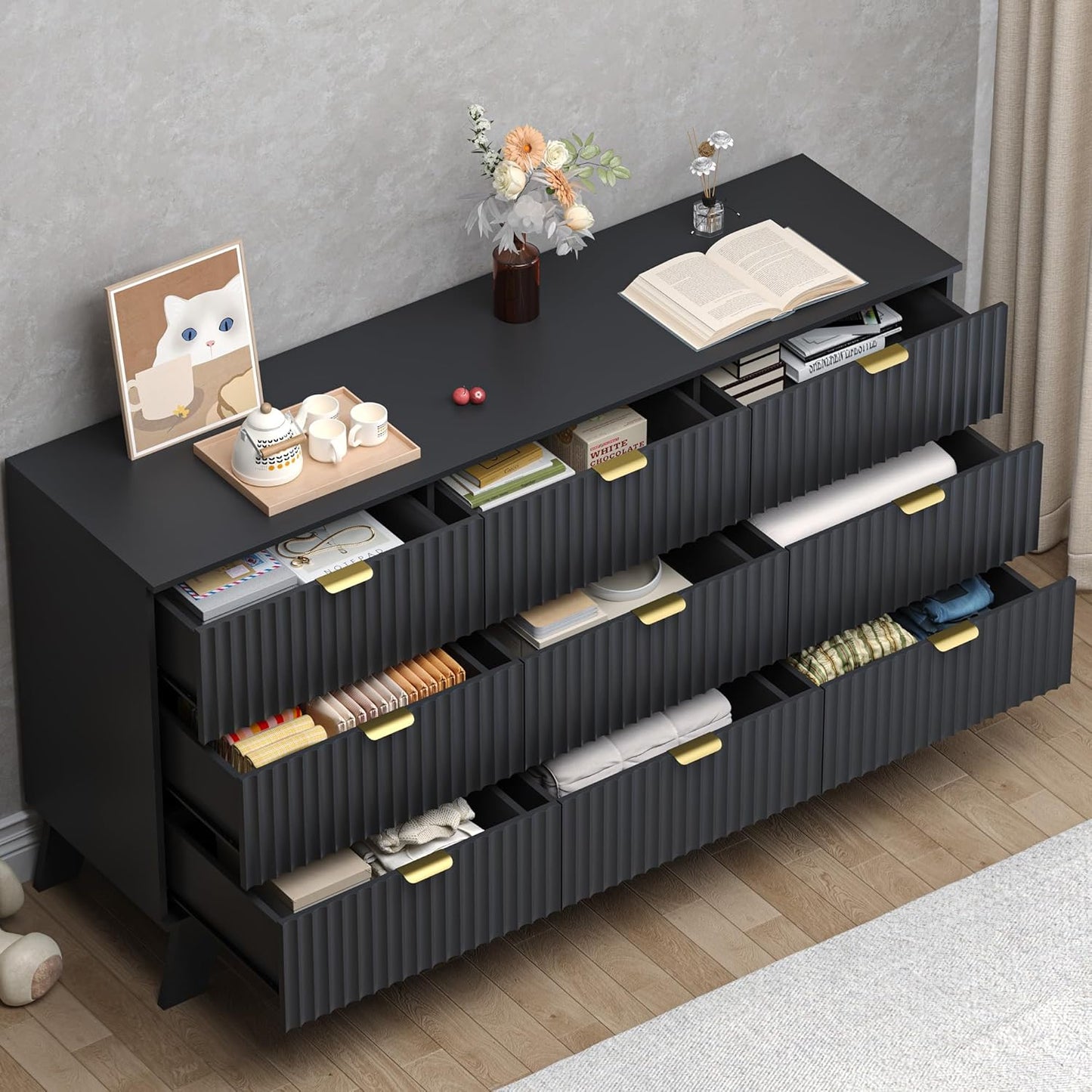 Fluted 9 Drawer Dresser, 57.1" Wide Modern Boho Chest of Drawers, Wooden Storage Dresser TV Stand for Bedroom, Living Room, Closet, Hallway, Curved Profile Design