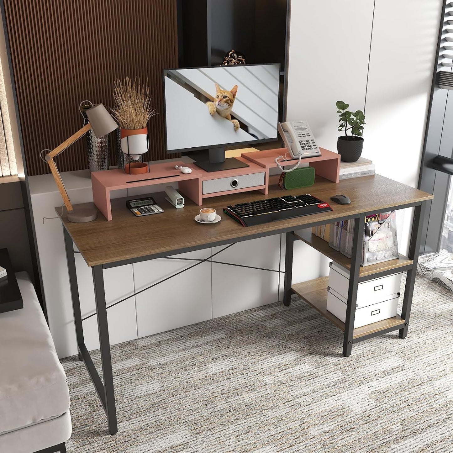 WESTREE Dual 3 Shelf Computer Riser with Drawer, Adjustable Length and Angle, Desktop 2 Monitor Stand Storage Organizer