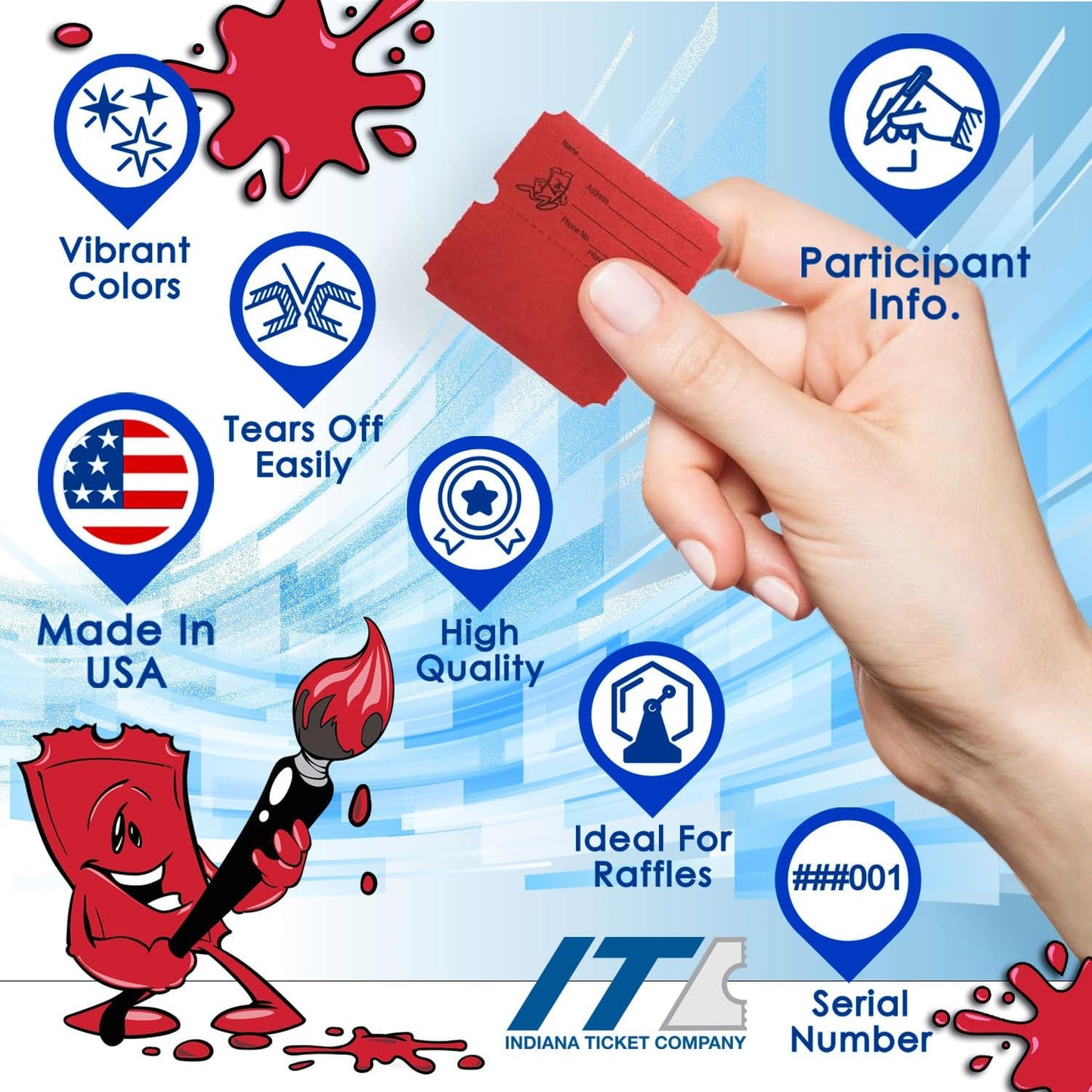 INDIANA TICKET CO. Raffle Double Roll, 5 Rolls 1,000 Tickets, 1 Roll Each Red, Blue, Green, White & Yellow, Premium Quality 50/50, Events Tickets(Pack of 5)