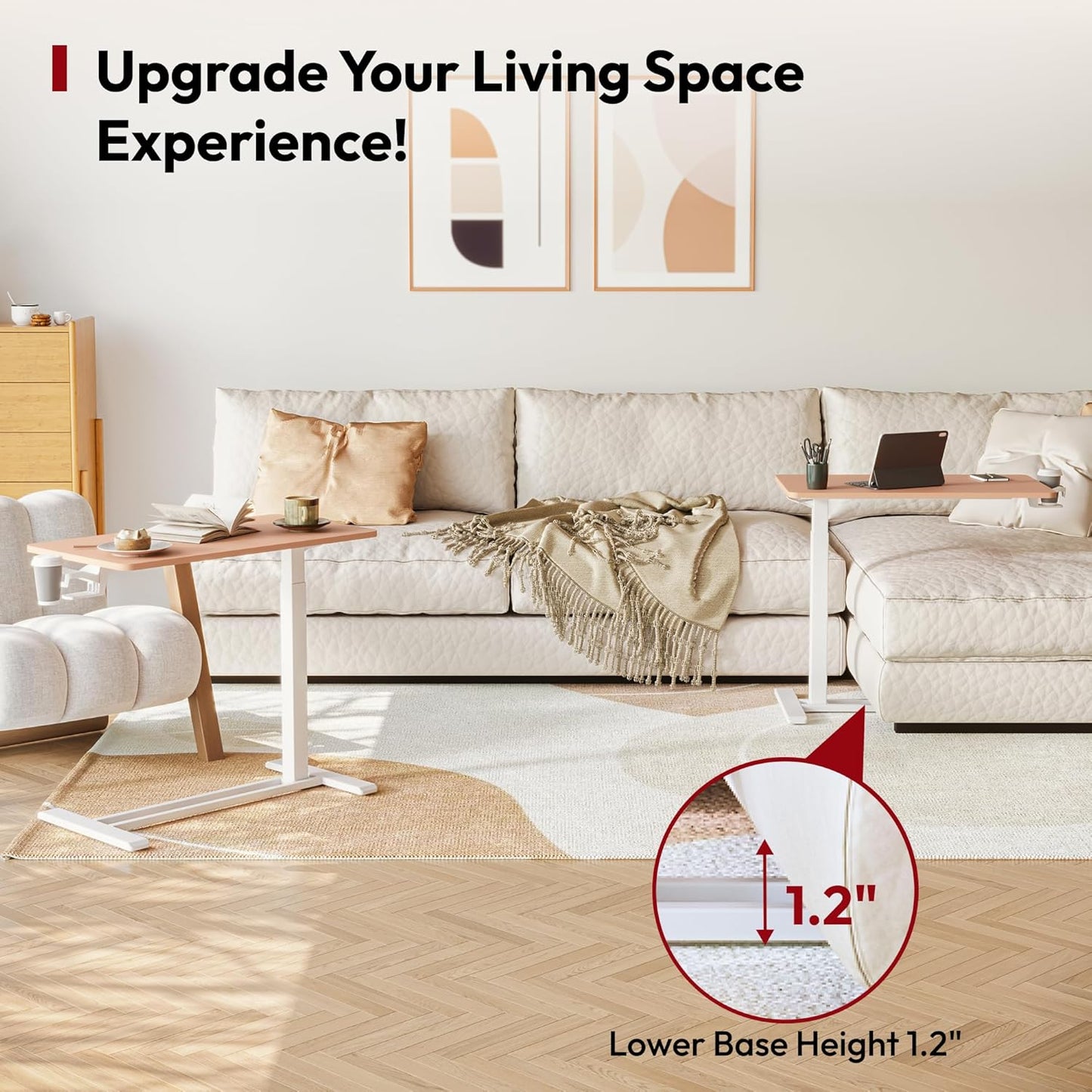 SANODESK Mobile Standing Desk with Hidden Wheels,Pneumatic Laptop Desk Rolling Computer Cart Movable Height Adjustable Small Sit Stand Desk for Home Office(31.5" W x 17.7" D, Pink)