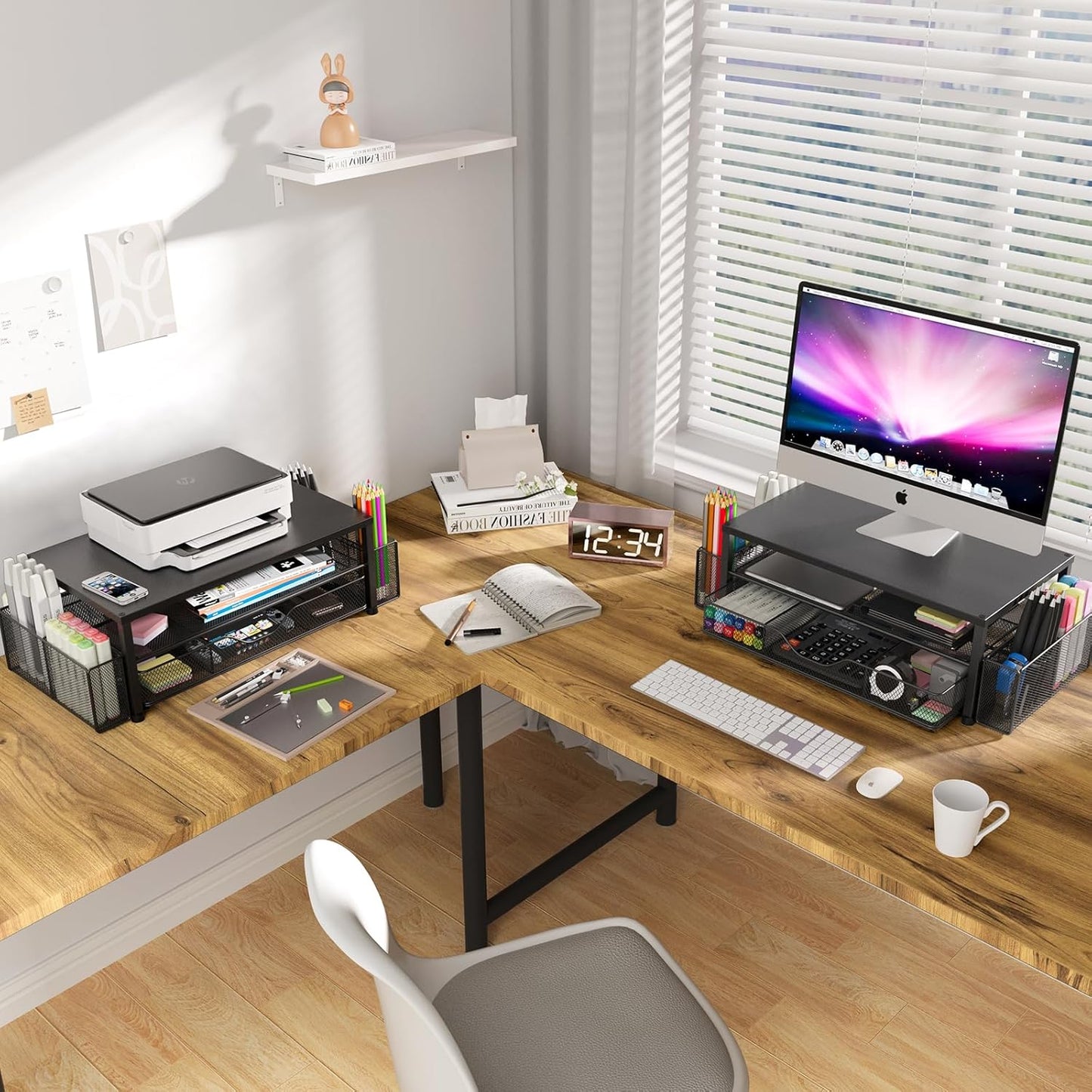 Desk Organizer and Accessories, 2-Tier Computer Monitor Stand Riser with Drawer and 2 Pen Holders, Laptop Stand, Office Desk Accessories for Office Supplies, Black 2-Pack