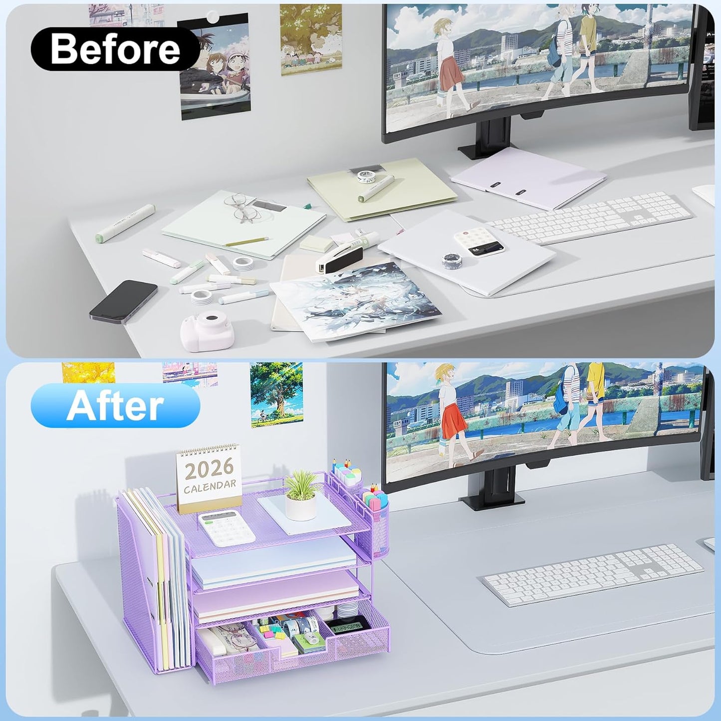 gianotter Desk Organizers and Accessories with File Holder, 4-Tier Desk Accessories & Workspace Organizers with Drawer and 2 Pen Holder, Paper Organizer for Office Supplies (Purple)