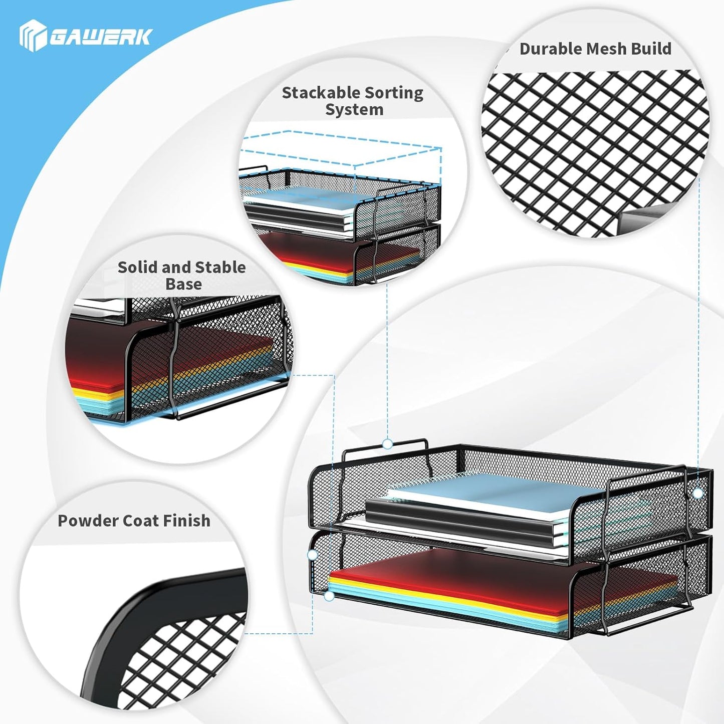 2 Tier Stackable Letter Tray, Metal Mesh File Storage Desktop Organizer for Home Office, Black