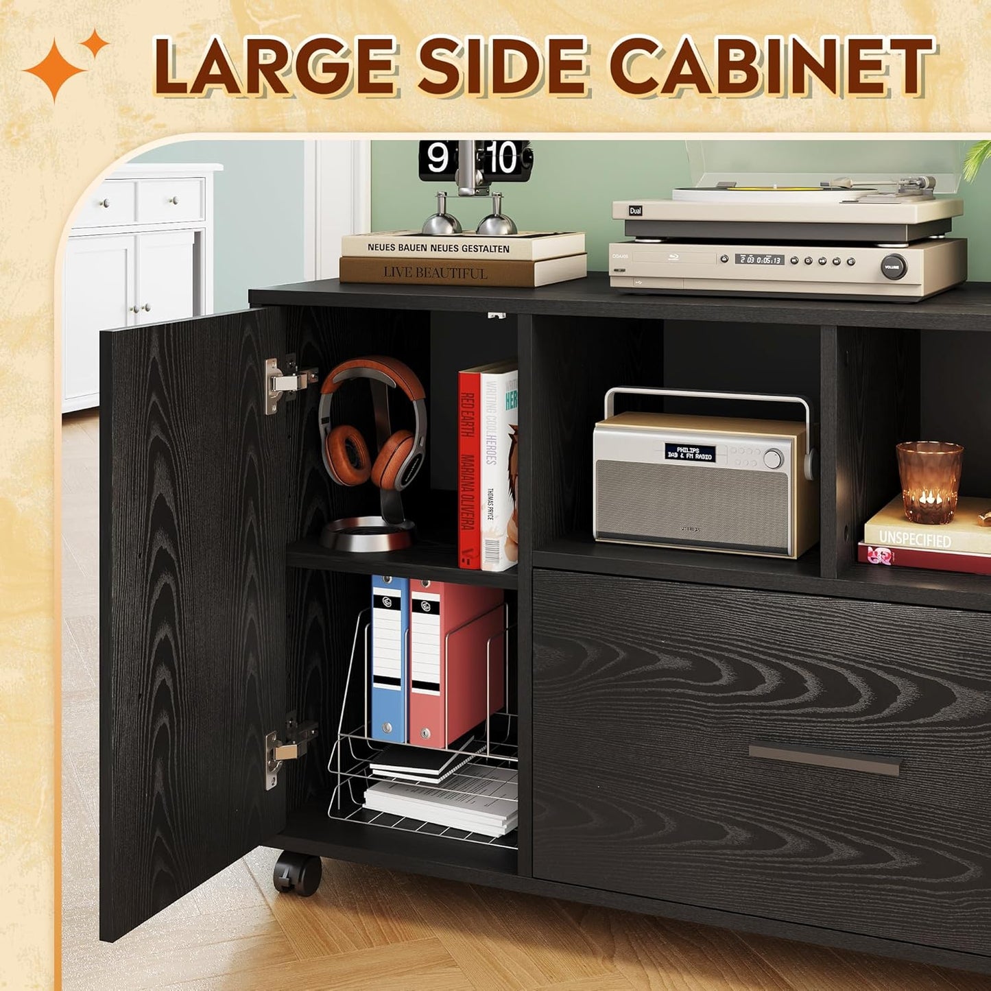 DEVAISE Office File Cabinet with Lock, 1-Drawer Wood Lateral Filing Cabinet on Wheels, Printer Stand with Open Storage Shelves for Home Office, Black