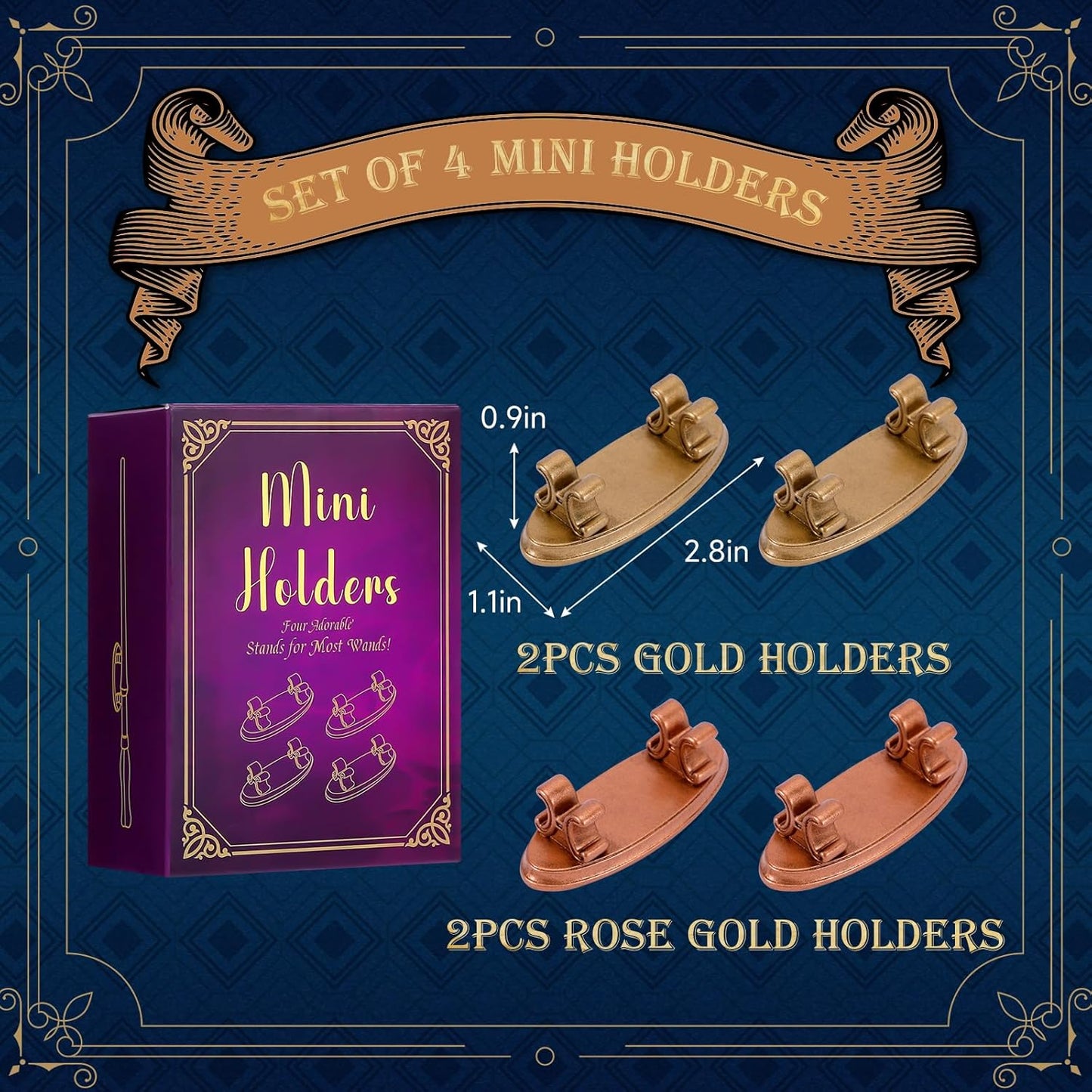 4PCS Resin Pen Holders Wizard Magic Wand Display Stands Mini Holders for Pencil Desk Decor Collection, 2.8'' L×1.1'' W× 0.9'' H, Gold & Rosegold