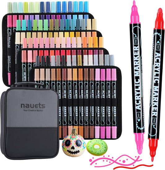 120 Colors Waterproof Dual Tip Acrylic Paint Pens, Dot & Fine Tip Premium Coloring Drawing Markers Set for Wood, Rock, Canvas, Glass, Ceramic Surfaces and DIY Crafts Making Art Supplies