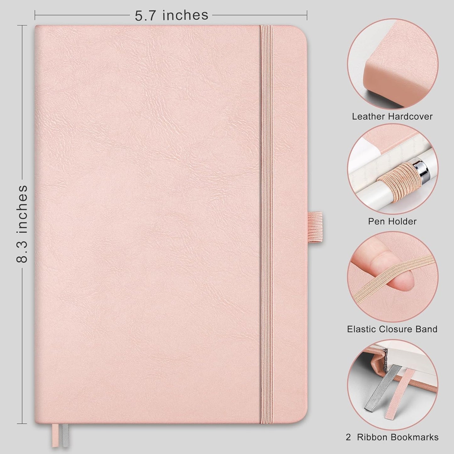 RETTACY Bullet Dotted Journal Notebook, 192 Pages, A5 Medium Size (5.7'' x 8.3''), Leather Hardcover, 100 GSM Thick Paper, for Bullet Journaling, Planning, Tracking (Rose Gold)