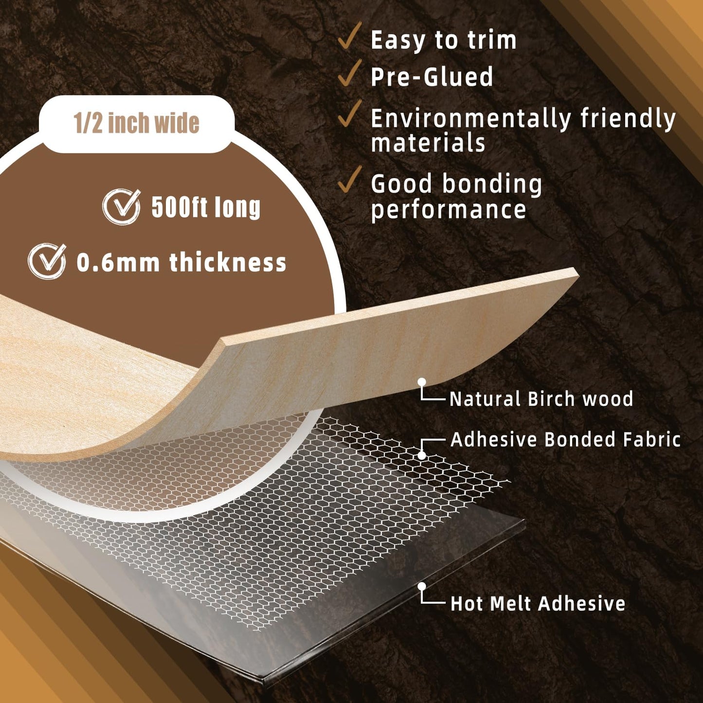 GSCIT Club Birch Edge Banding, 1/2 inch x 500ft roll Wood Veneer Edge Banding Preglued Flexible, Veneer Tape Banding for Cabinet Plywood