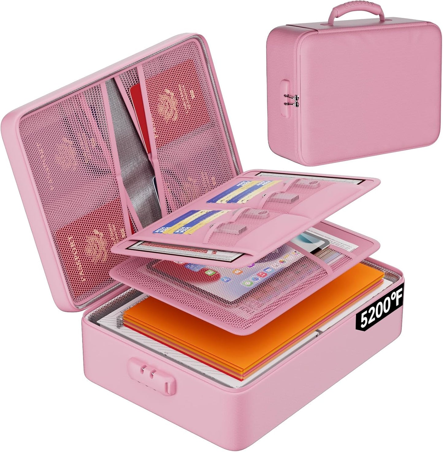 DocSafe 5200°F Document Organizer with Lock,Upgraded Heat Insulated Fireproof＆Waterproof Box 8 Layers File Organizer,Portable Home Travel Safe Storage for Important Documents, Files,Pink (Soft)