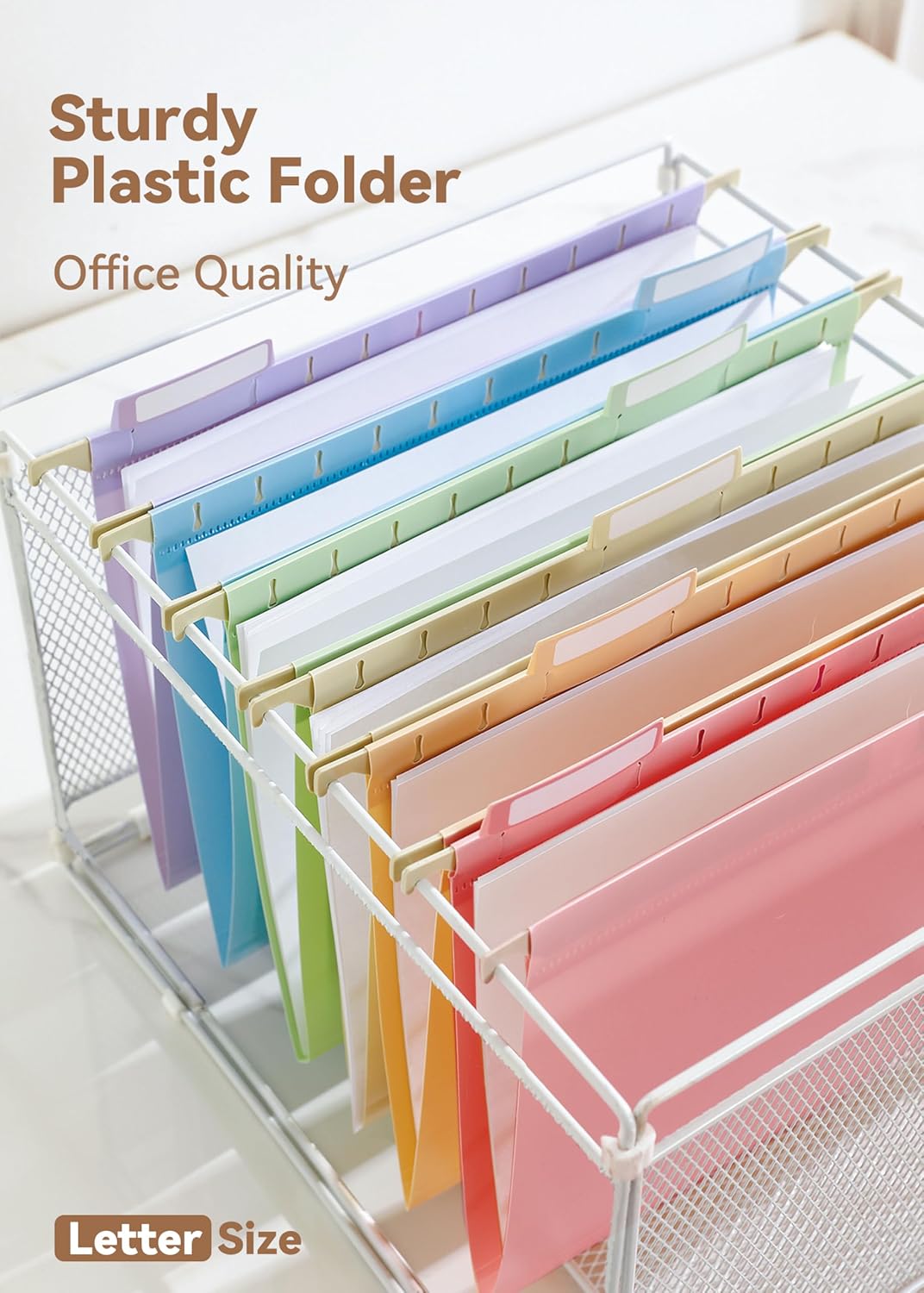 Plastic Hanging File Folders, Letter Size, 12 Pack Pastel Hanging Folders, with Insertable 1/5-Cut Tabs for Filing Cabinets