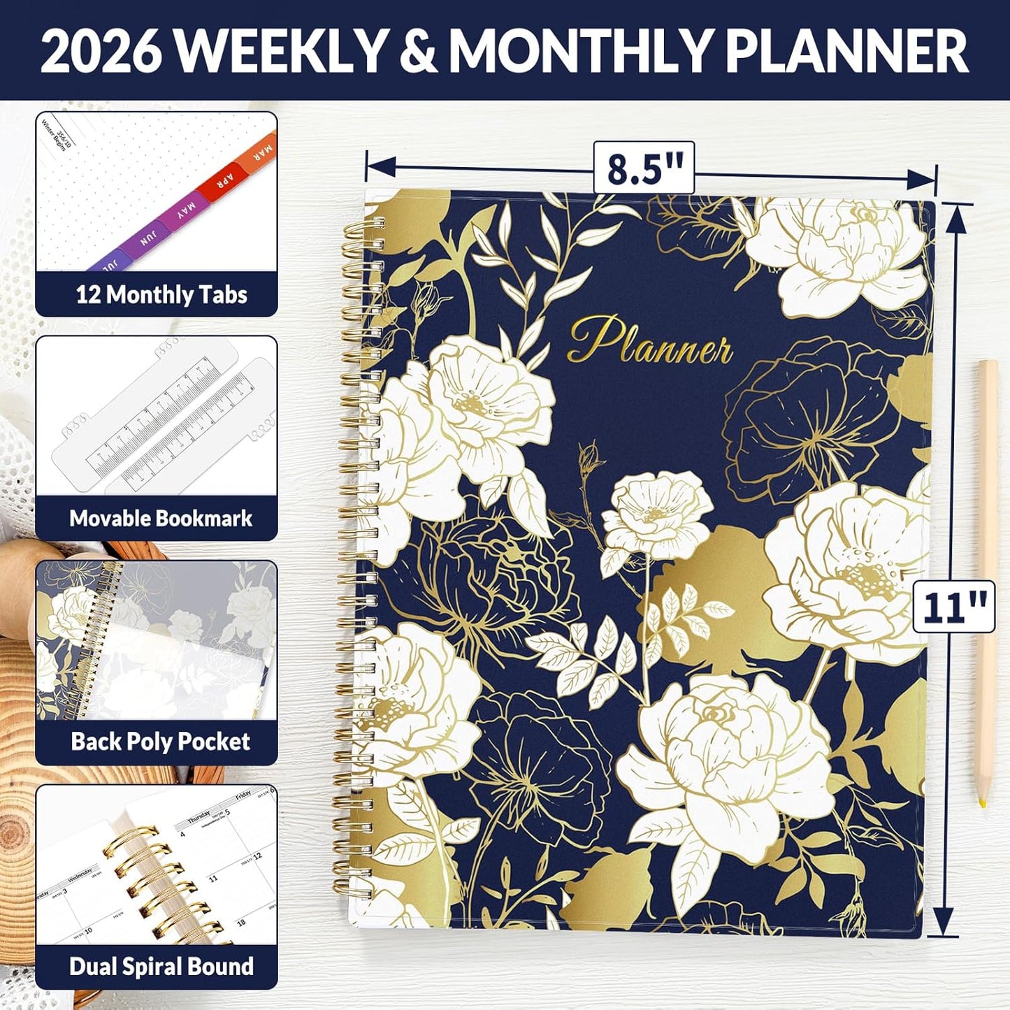SUNEE 2026 Weekly and Monthly Planner - from January 2026 - December 2026, 8.5"x11" Daily Agenda Planner with Monthly Tab, Flexible Cover, Note Pages, Pockets, Bookmark, Spiral Binding, Dark Blue