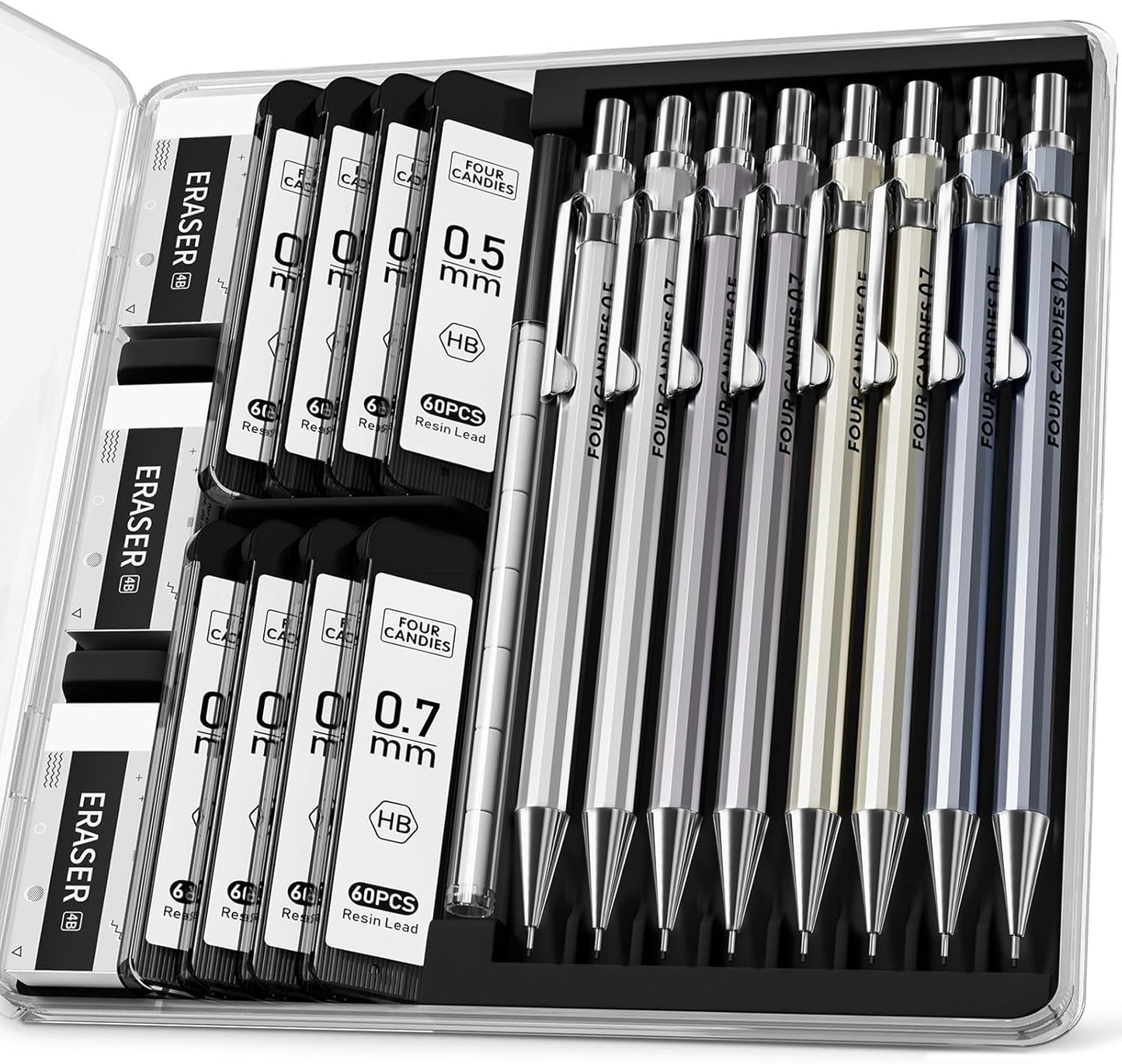 Four Candies 8PCS Metal Mechanical Pencils - 0.5 & 0.7mm with 8 Tubes HB #2 Lead Refills, Eraser Set and Eraser Refills, 20-Count Pack with Case, Lead Pencils Mechanical for Writing, Drawing, Drafting