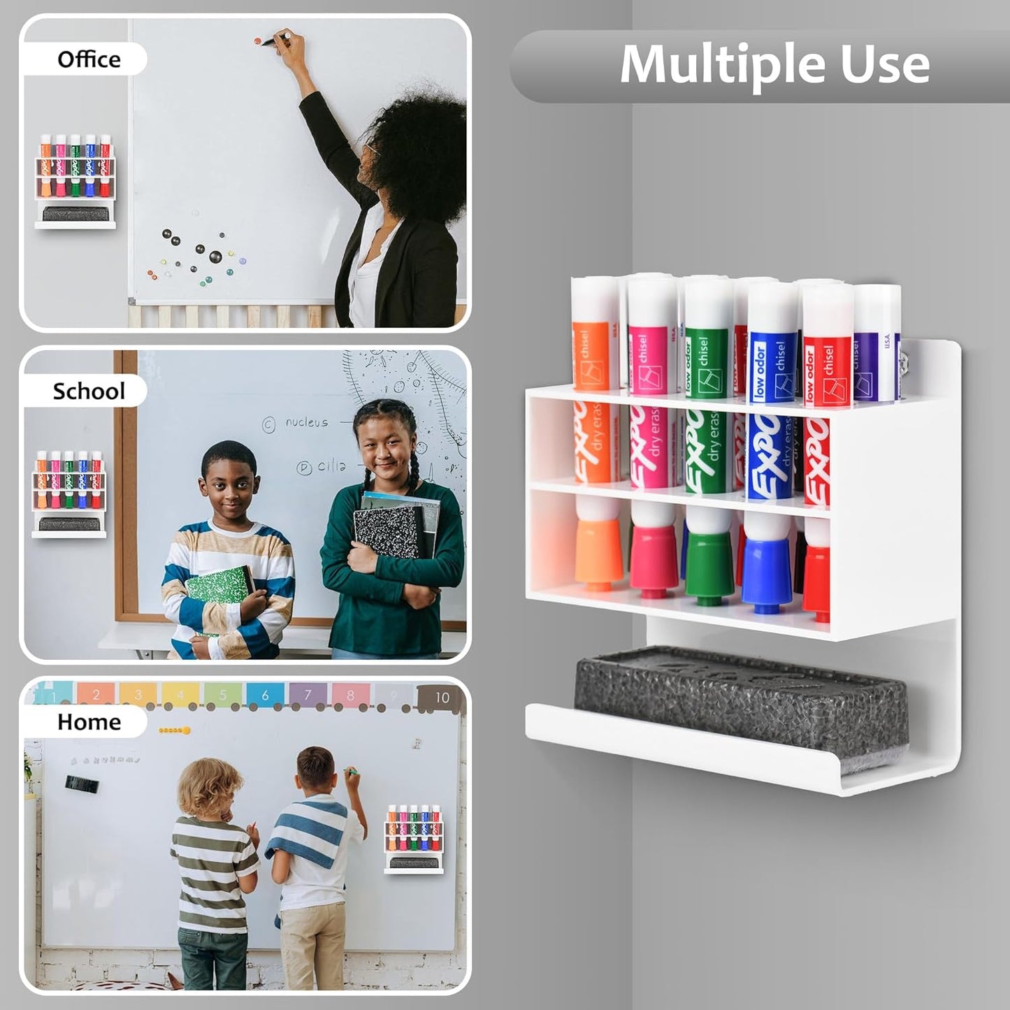 Dry Erase Marker Holder, Wall Mounted Acrylic Marker Holder with 10 Slots, Sticky Pen Storage for Classroom Organization, Whiteboard, Office, White