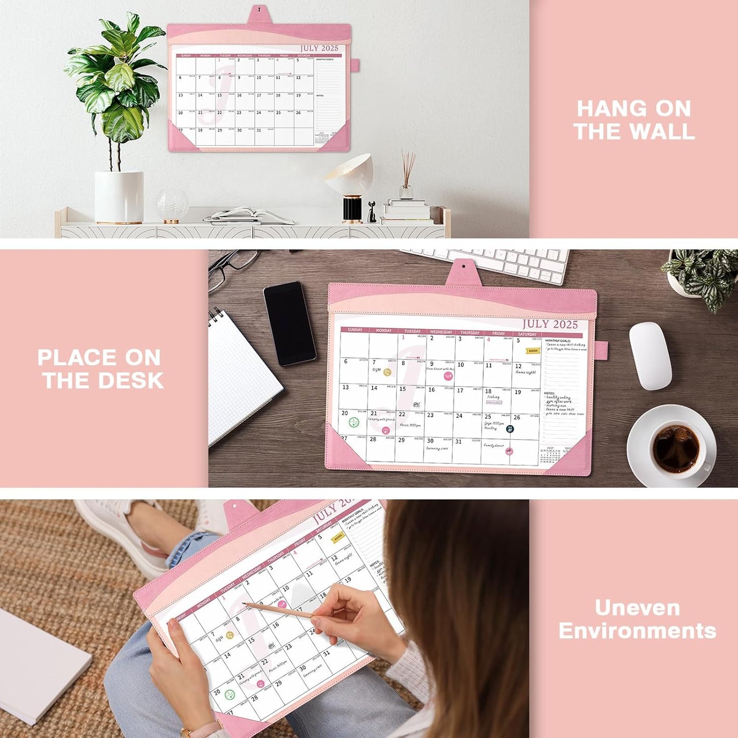 Ospelelf Leather Desk Calendar 2025-2026 Large 12"x17" Monthly Planner Pad with Protective Cover 18 Months July 2025 to Dec 2026 Pink