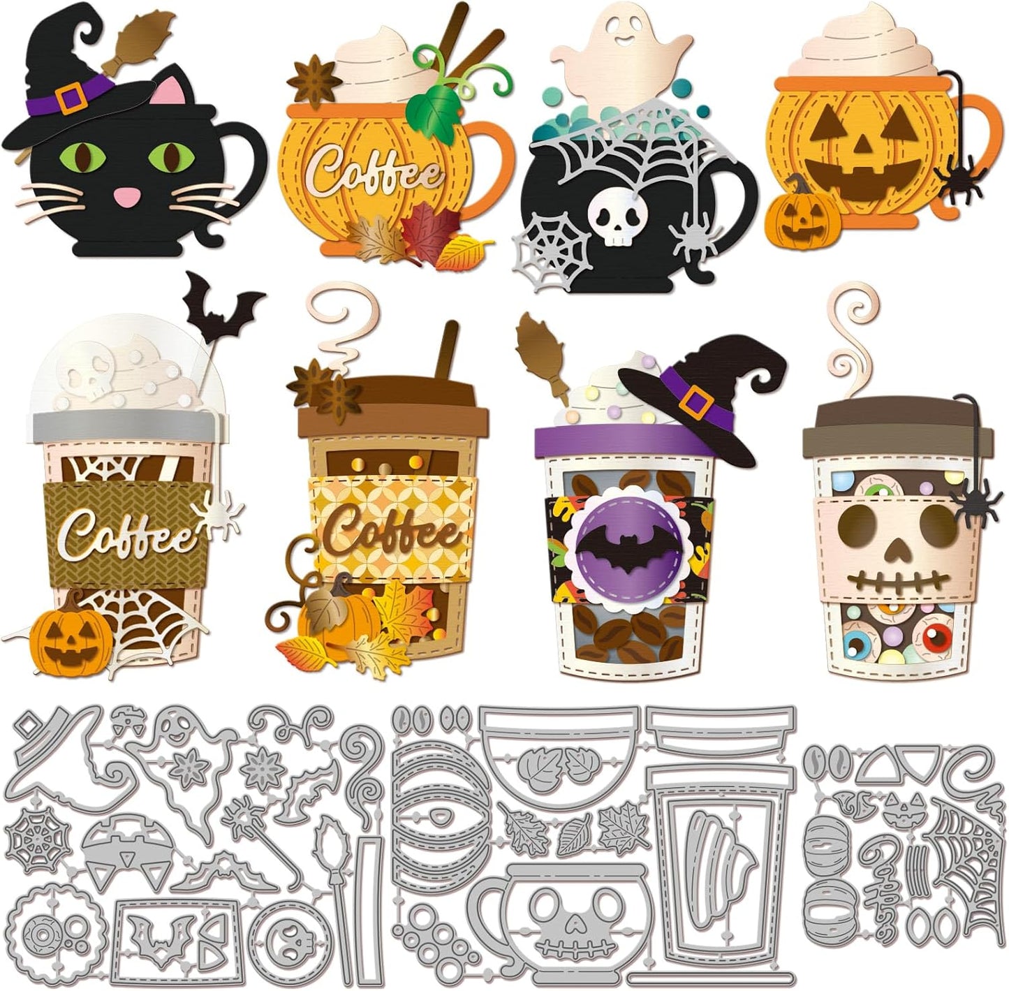 GLOBLELAND Halloween Pumpkin Coffee Cup Cutting Dies for Card Making Cat Ghost Bat Cut Die for DIY Scrapbooking Journal Embossing Paper Craft Decor