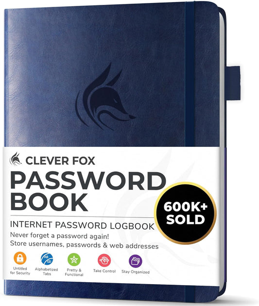 Clever Fox Password Book with alphabetical tabs. Internet Address Organizer Logbook. Small Pocket Password Keeper for Website Logins (Dark Blue)