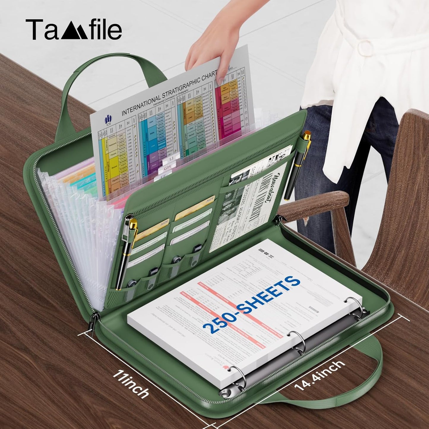 Fireproof Accordion File Organizer with Handle, 13 Pocket Expanding File Folder with Zipper & Labels, File Folder with 3 Ring Binder, Multi Pockets Paper Organizer Folder for Letter A4 Files (Green)