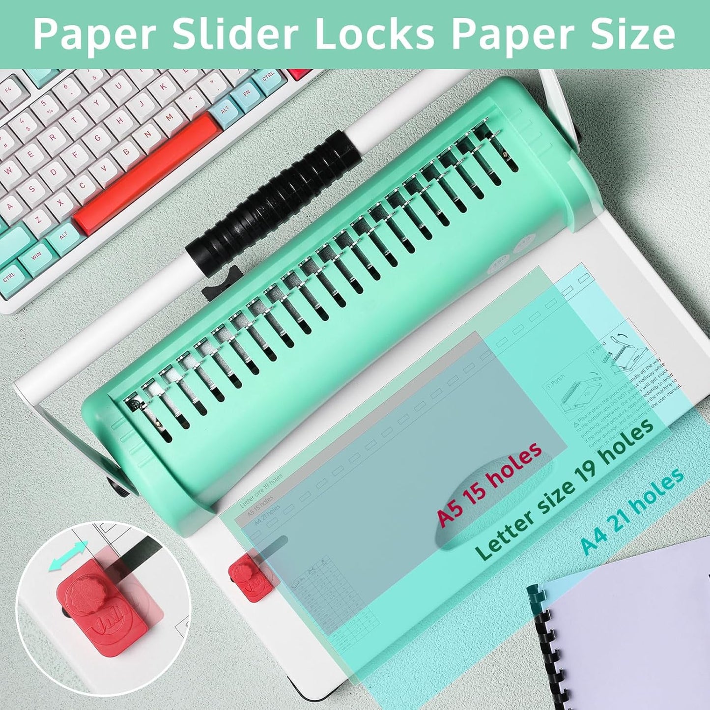 OFFNOVA Binding Machine, 21-Hole 450 Sheets Paper Comb Binding Machine for Letter Size / A4 / A5 Paper, Easy to Punch Handle, Adjustable Margin, Book Binder with 100 PCS 3/8'' Comb Binding Spines