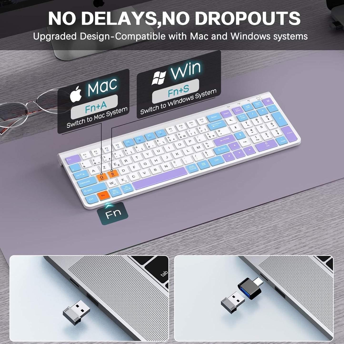 Colorful Wireless Keyboard with Low-Profile Keys-Soft Touch,Cute,Quiet Design,Windows & Mac OS，Office Cordless Slient Computer Keyboard for Desktop,Laptop, PC, Mac, Windows-Purple Blue White