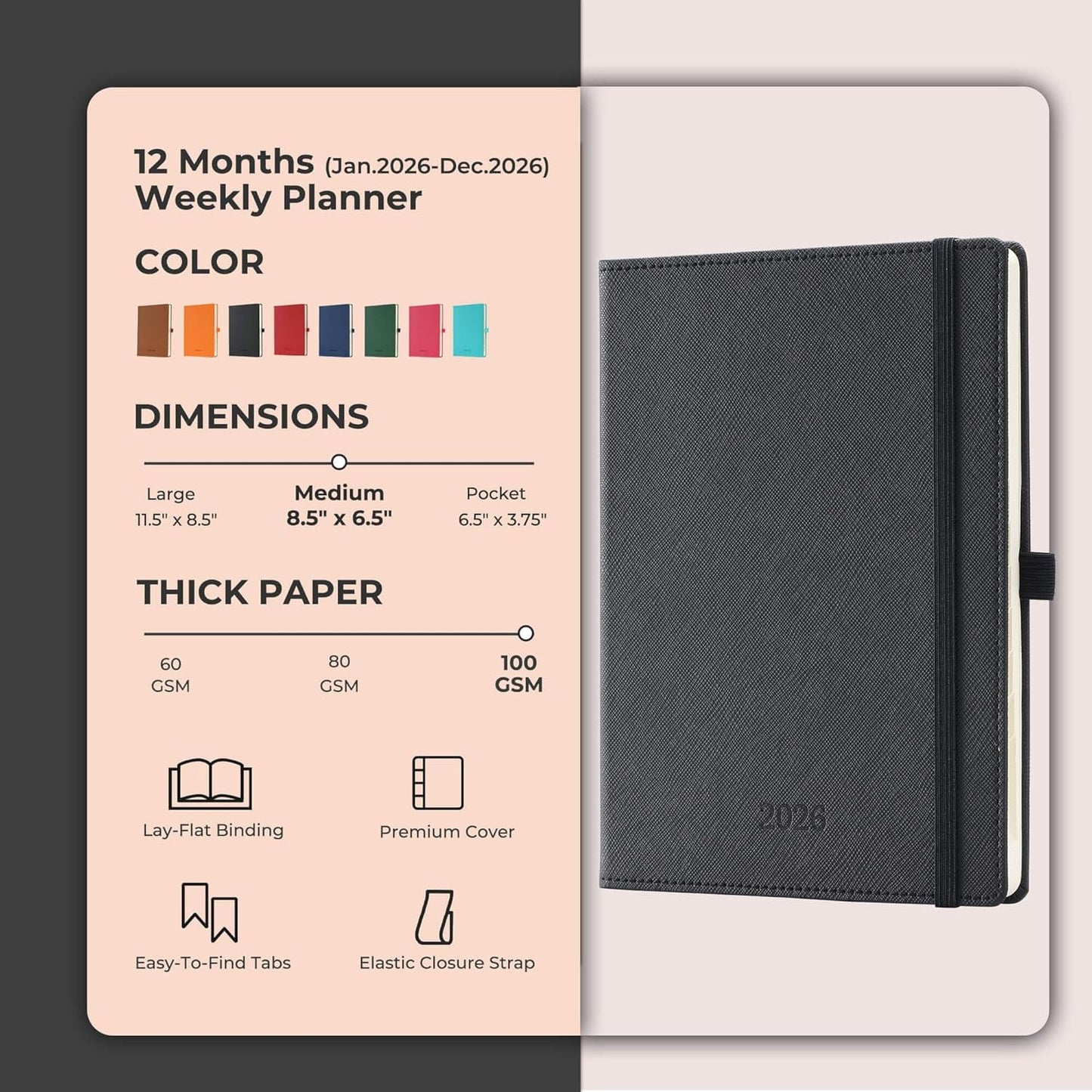 Weekly Monthly 2026 Planner (Jan.26-Dec.26),8.5"x6.5",12 Months Agenda Plan with Month Tabs & Pocket,Expenses/Note Pages, Appointment Book Calendar with Hardcover Vegan Leather Cover,Black