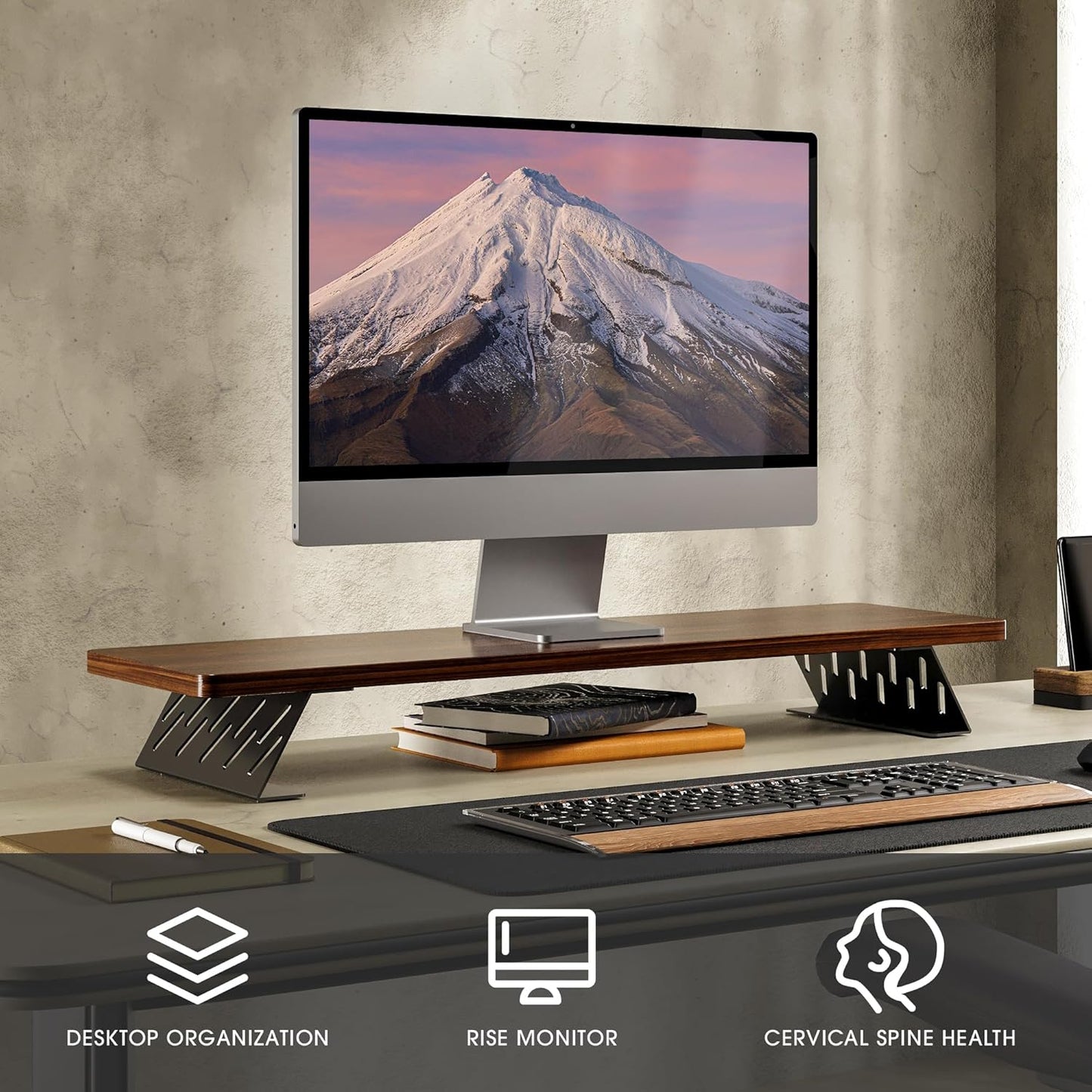 Fenge Monitor Stand Riser, Desk Top Shelf for 2 Monitors, Computer Stands for Desk, Wood & Steel Desktop Riser for Laptop, PC, Printer