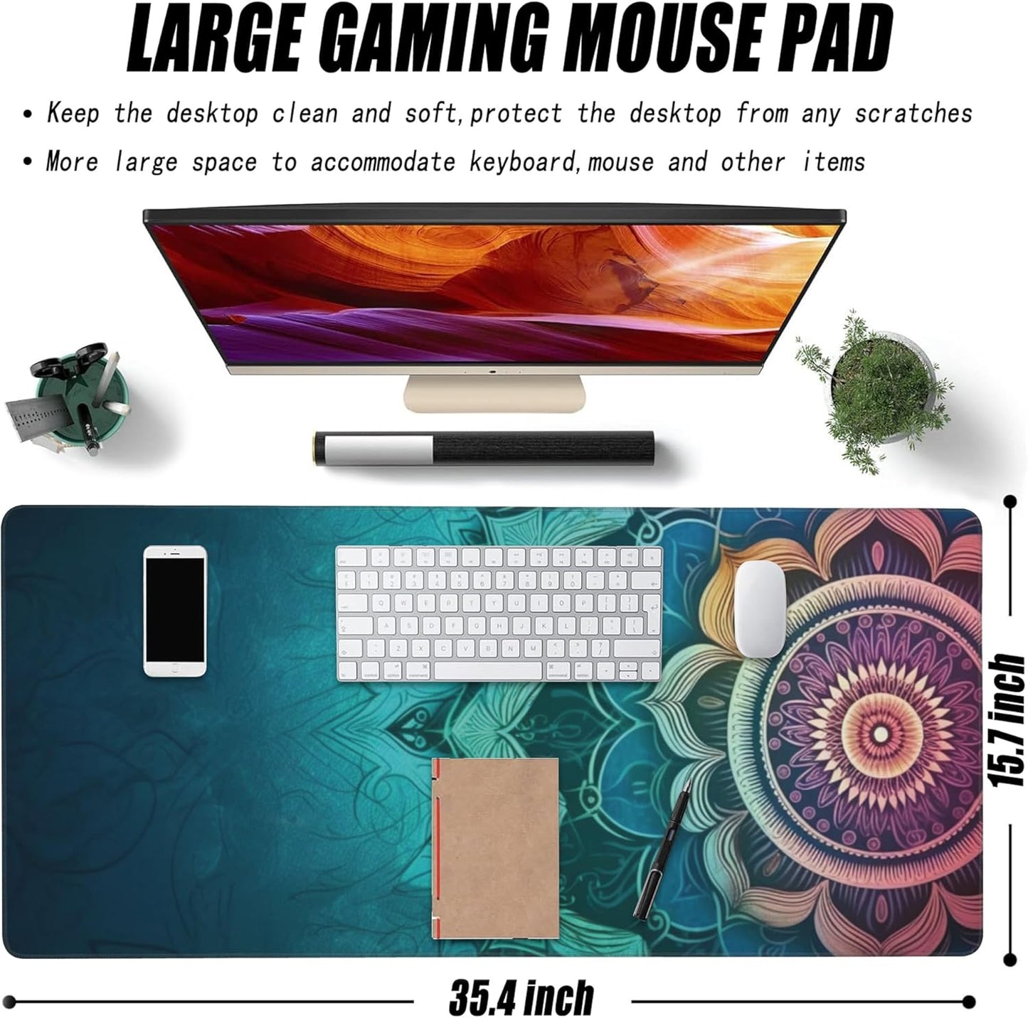 Desk Mat, Vintage Mandala Flowers Extended Large Gaming Mouse Pad XXL, Non-Slip Rubber Base Stitched Edges Long Computer Keyboard Desk Pad Mouse Mat for Home Office Gaming 35.4"X15.7"