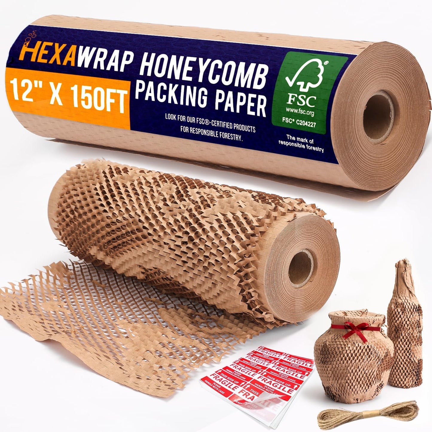 Honeycomb Packing Paper 12" x 150ft with Rope & 20 Fragile Stickers|Shipping & Moving Supplies|Small Business Packaging Supplies|Eco Friendly Bubble Wrap Packing Boxes for Moving Certified FSC C204227