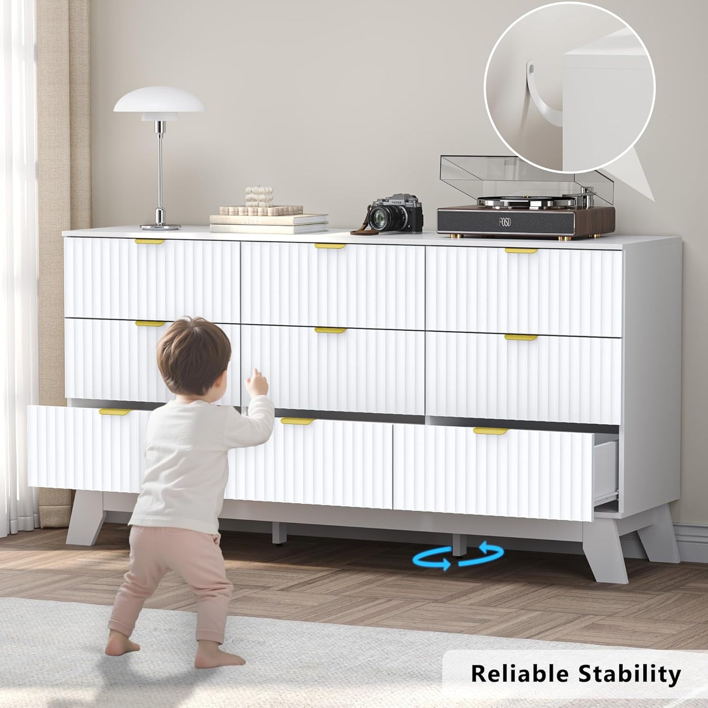 Fluted 9 Drawer Dresser, 57.1" Wide Modern Boho Chest of Drawers, Wooden Storage Dresser TV Stand for Bedroom, Living Room, Closet, Hallway, Curved Profile Design