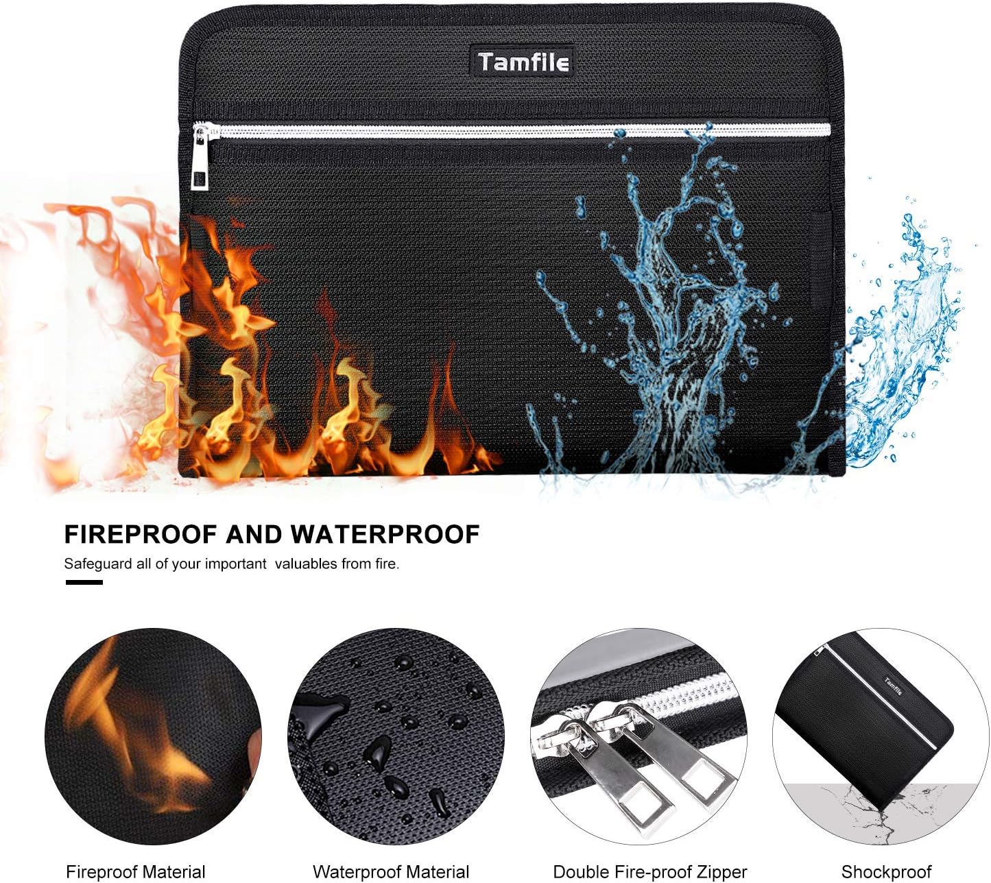 Fireproof Safe Waterproof Accordion File Bag Folder Expanding Filing Folder with 14 Multicolored Pockets, A4 Letter Size, Document Organizer Holder and Color Labels /2 Zipper (Black 14.3" x 9.8")