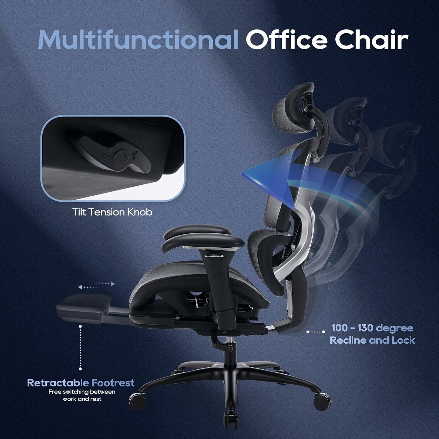 COLAMY Ergonomic Mesh Office Chair with Footrest, Executive High Back Computer Desk Chair with Wide Headrest and Adjustable 3D Arms, Backrest, Tilt Lock and Lumbar Support(Black)