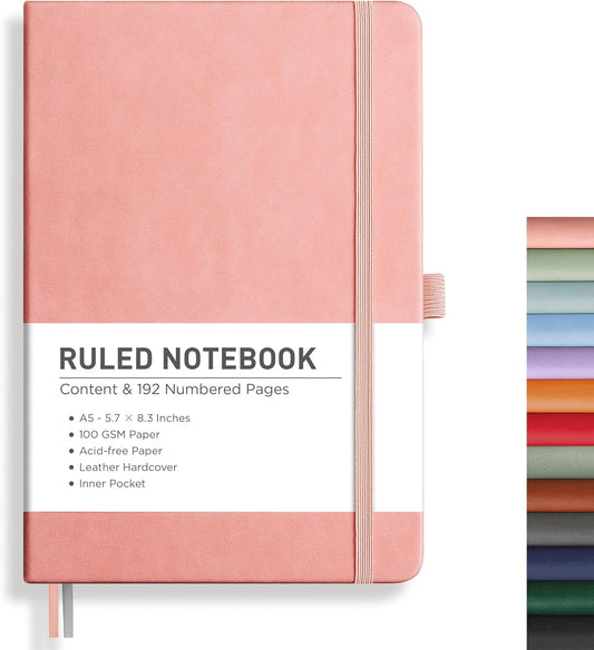 RETTACY Lined Journal Notebook, 192 Numbered Pages, A5 Medium Size (5.7'' x 8.3''), for Men & Women, Journaling, Writing, Work & Office, Leather Hardcover, 100 GSM Thick Paper (Pink)