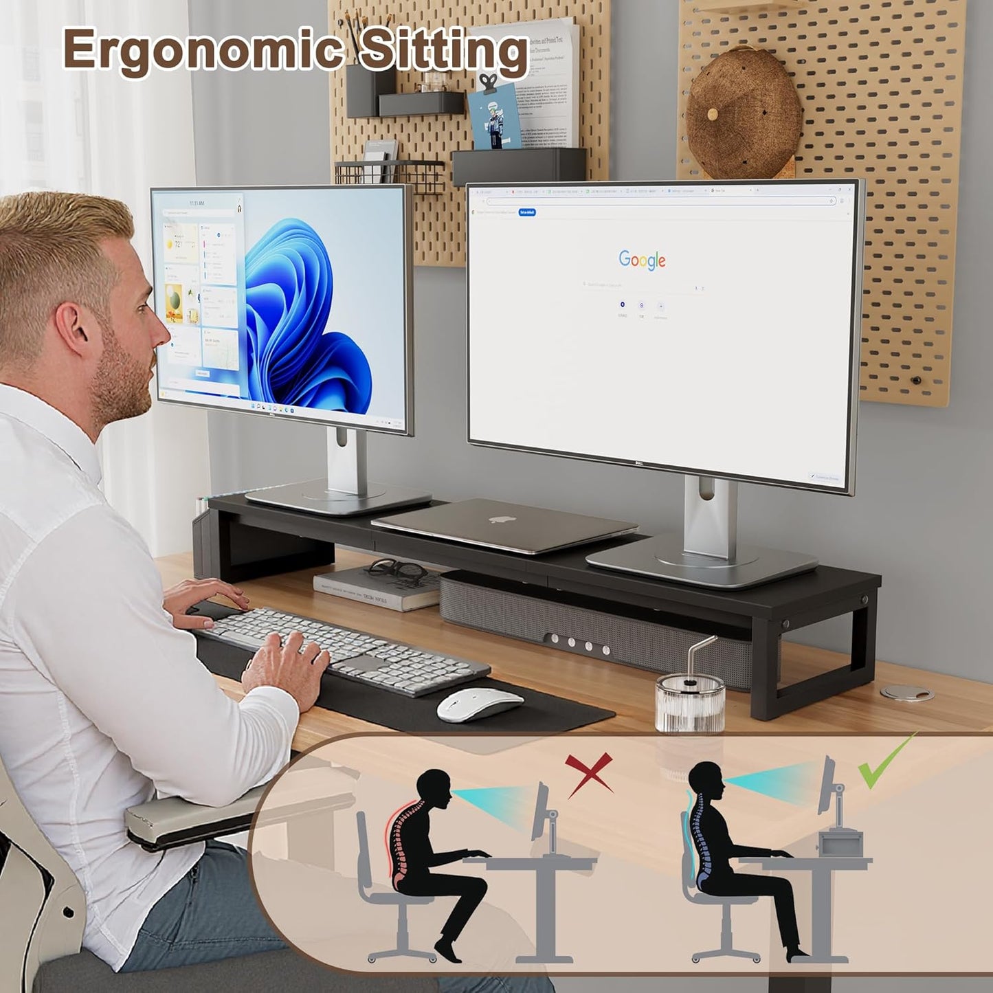 LAND·VOI Dual Monitor Stand Riser,41.5'' Long Monitor Stand for 2 Monitors, Wood and Steel Computer Monitor Stand, Desktop Oraganizer with Pen Holder, Monitor Riser for Desk Computer,Laptop,TV, Black