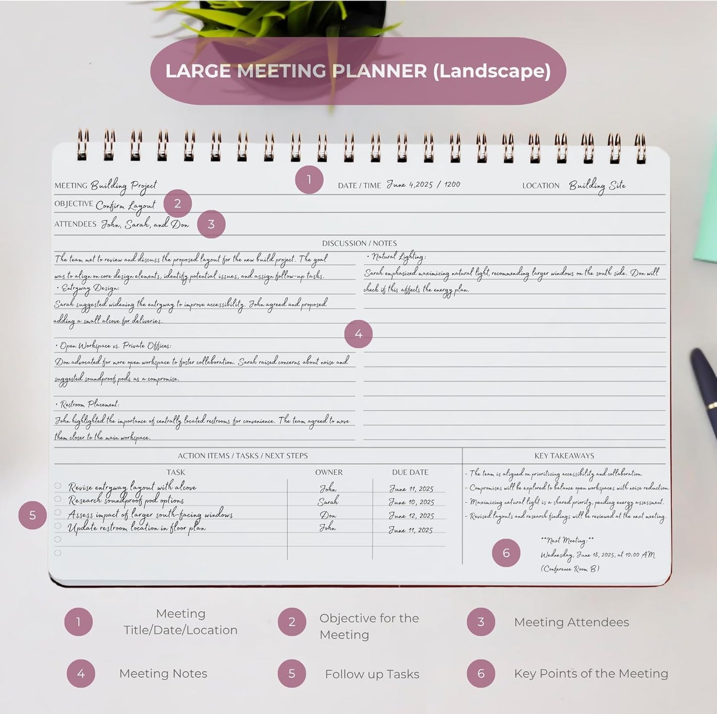 | Meeting Notebook for Work | 8.25" x 11.75" | Project Planner | Simple Design | Multiple Layouts | Office and Business Planner (Rust, Meeting Planner - Landscape)