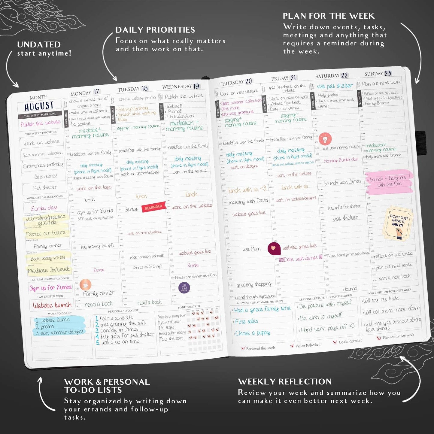 Legend Planner PRO Hourly Schedule - Weekly & Daily Organizer with Time Slots. Appointment Book Journal for Work & Personal, A4 (Black)