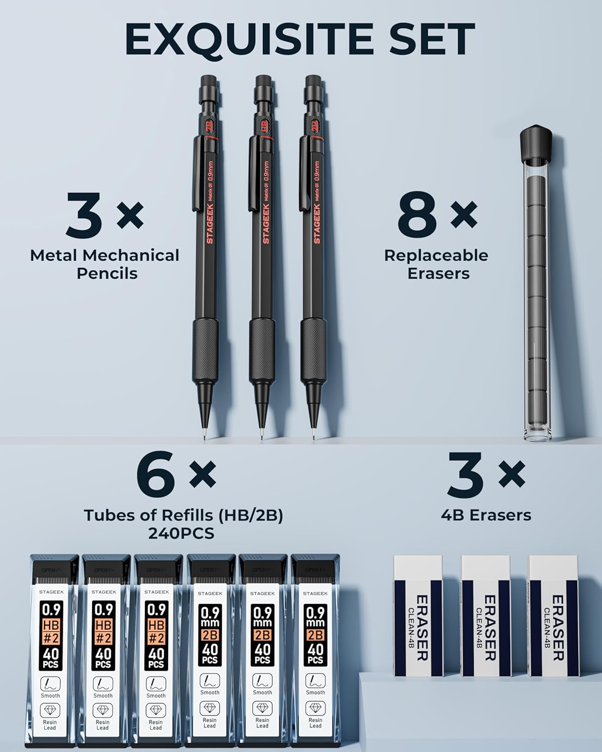 0.9mm Mechanical Pencil Set, 3PCS Metal Mechanical Pencils 0.9mm with 6 Tubes HB & 2B Lead Refills,Erasers, Weatherproof Artist Pencils with Case for Outdoor Writing Drafting Drawing