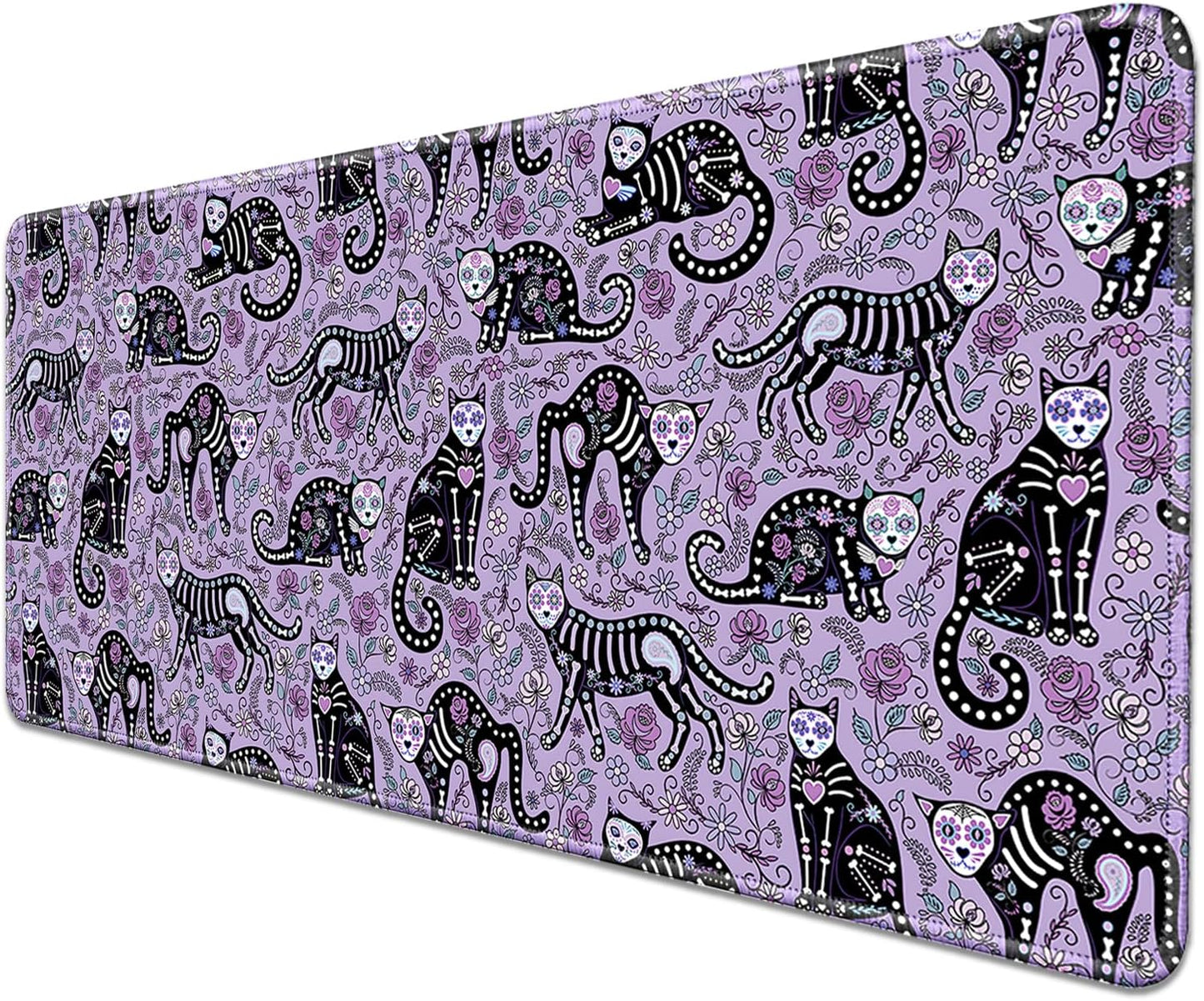 Gothic Cat Skeleton Flowers Mouse Pad,Extended Cat and Floral Mousepad Desk Pad with Stitched Edges,Non-Slip Waterproof Rubber Base Mouse Mat for Office Computer Keyboard Laptop Home(27.5x11.8 in)