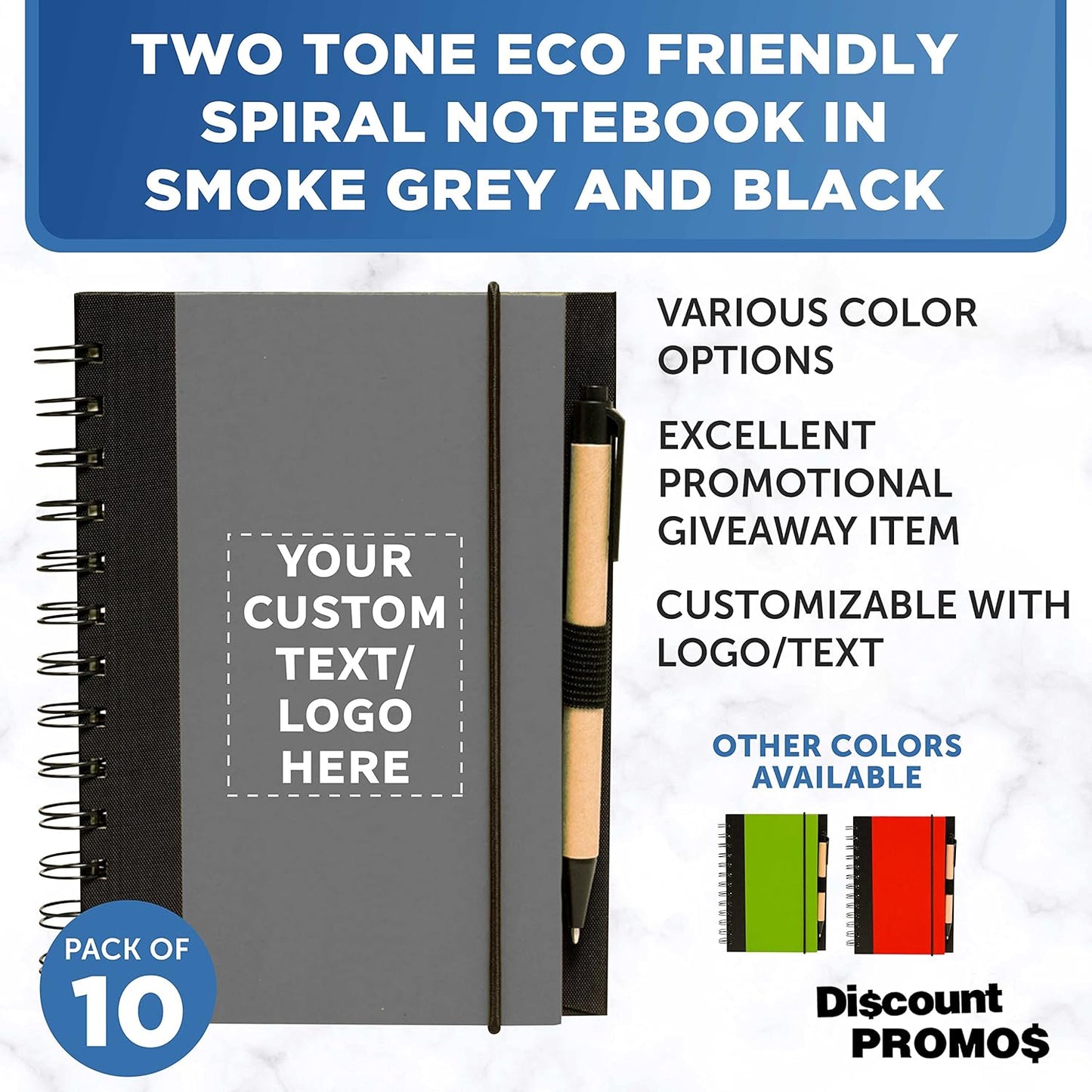 DISCOUNT PROMOS Custom Eco Block Notebooks with Pens Set of 10, Personalized Bulk Pack - Perfect for School, Office, Business, Home - Smoke
