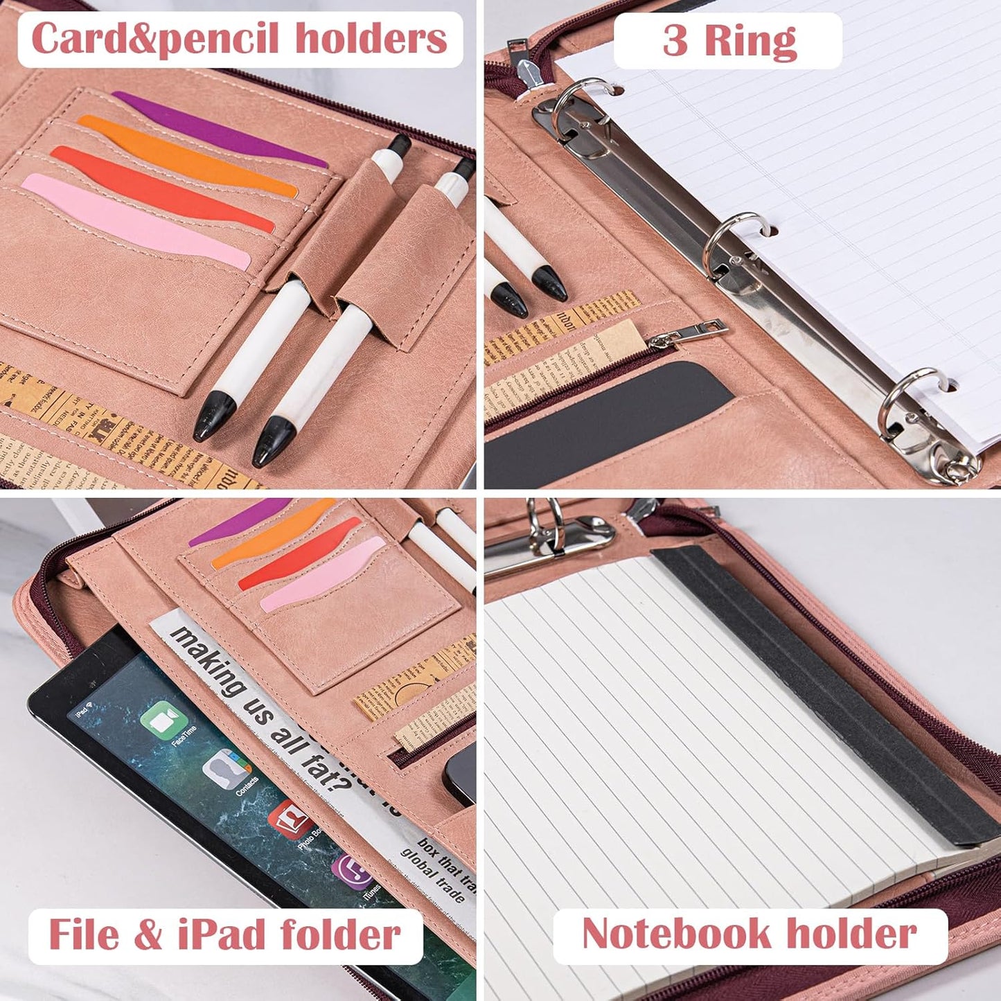 Calfinder Personalized Padfolios Portfolio Binder,3 Ring Leather Binder with Zipper,Professional Padfolios for Women&Men, Business Portfolio Organizer for Resume, Leather Folder for Ipad