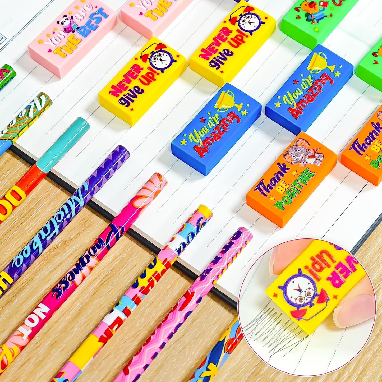 Cinrobiye 100 Pcs Inspirational Pencils with Erasers for Kids，Motivational Pencil Erasers Bulk Back to School Gifts Supplies Party Favor Goody Bag Fillers for Students Classroom Teacher Prizes Reward