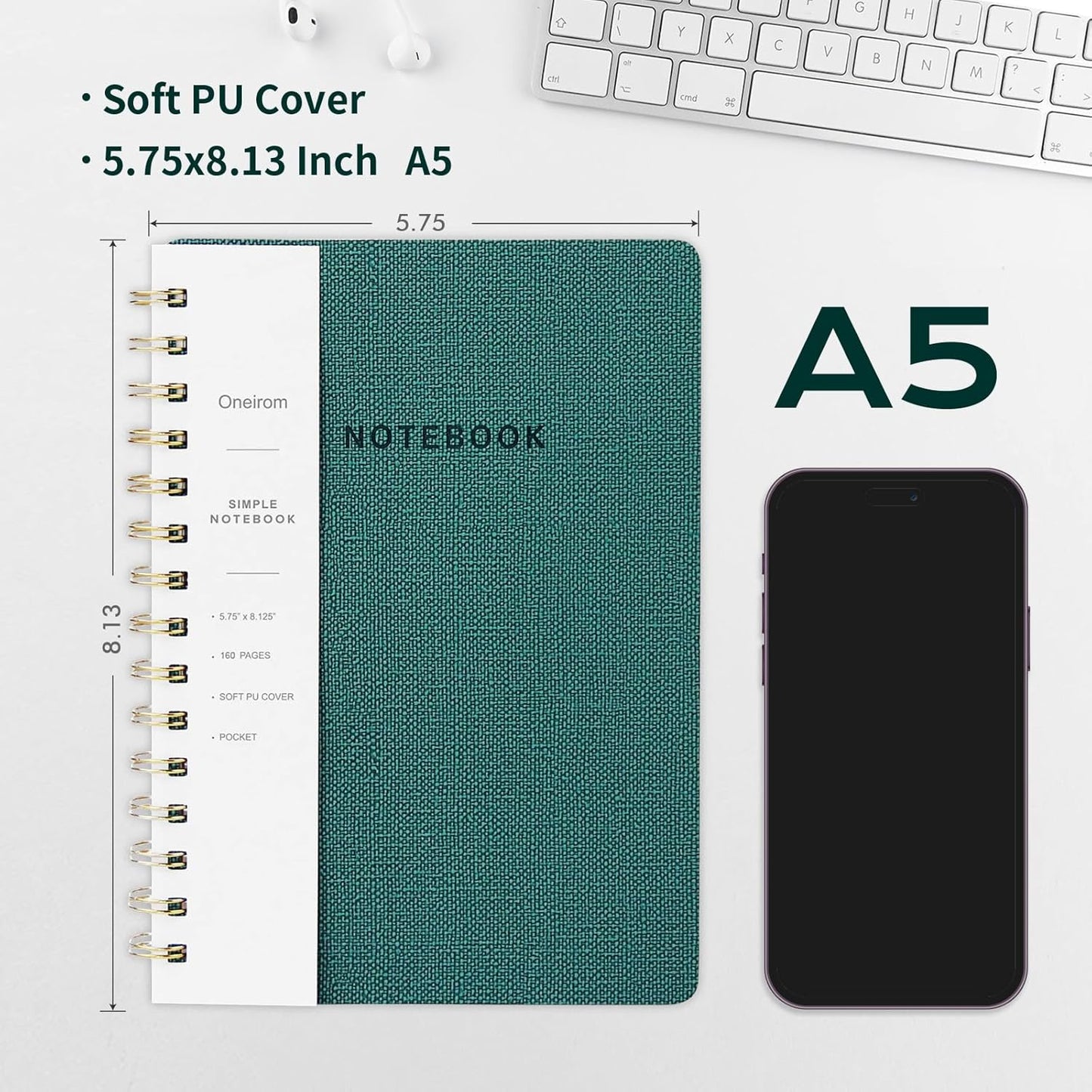 Lined Spiral Notebook College Ruled A5 Journal Book for Note Taking, 160 Pages Writing Journal for Office and Home School Supplies 5.75x8.125 inch (0Green)