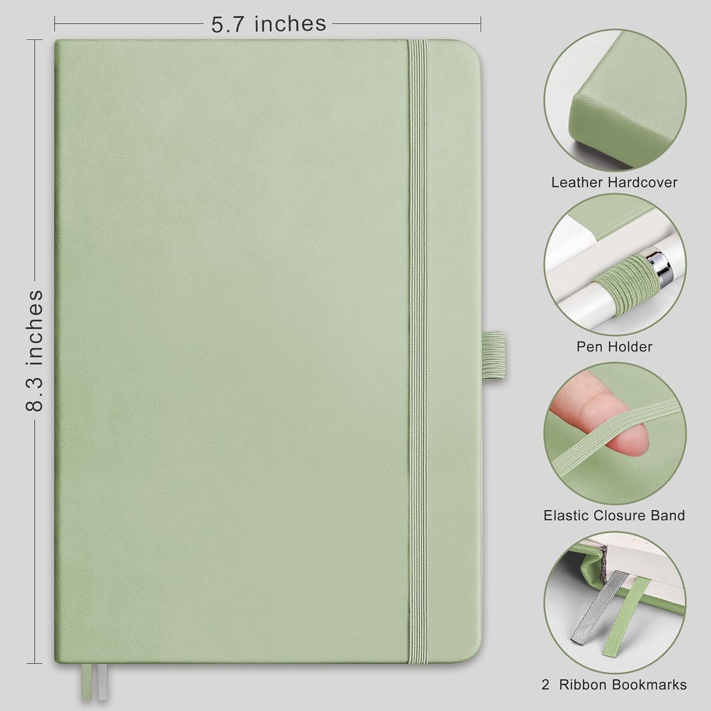 RETTACY Blank Journal Notebook, 192 Pages, A5 Medium Size (5.7'' x 8.3''), Leather Hardcover, 100 GSM Thick Paper, for Sketching, Drawing, Painting (Light Green)