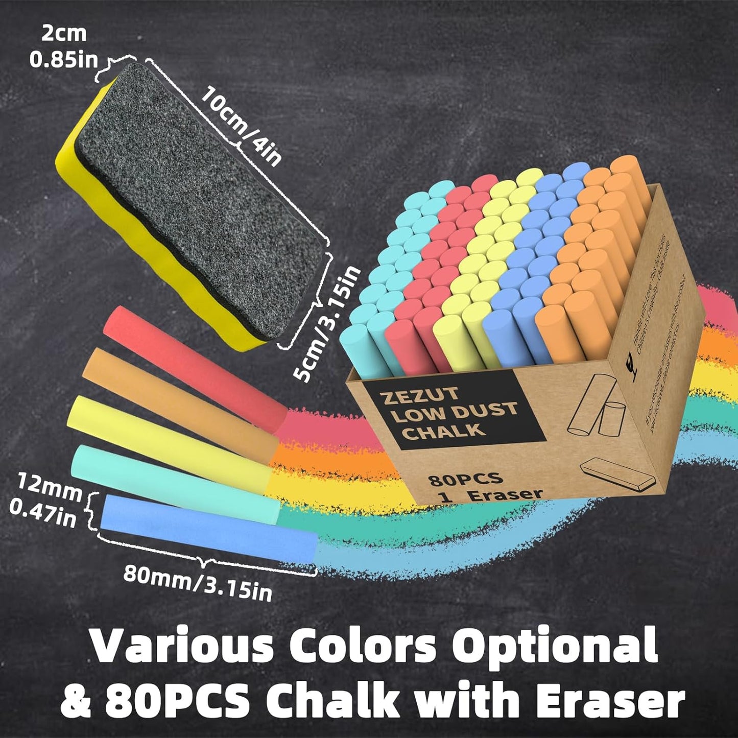 Colored Chalk with Magnetic Eraser, 80PCS Low Dust Chalks Stick Bulk for Chalkboard Blackboard Non-Toxic