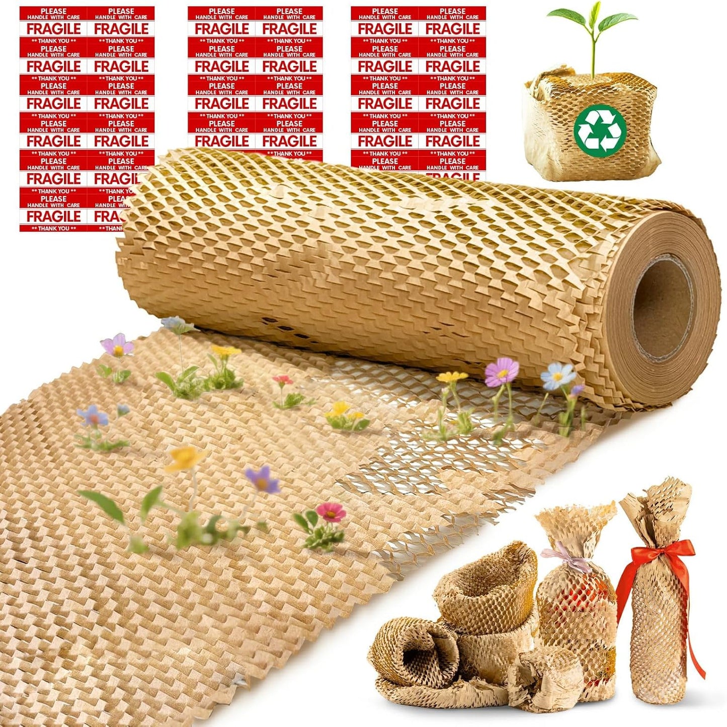 Honeycomb Packing Paper, 12"x150' Brown | Perforated Honeycomb Packing Paper Recyclable Moving Supplies for Shipping & Moving | Plastic-Free Alternative to Bubble Cushion Wrap with 36 Fragile Stickers