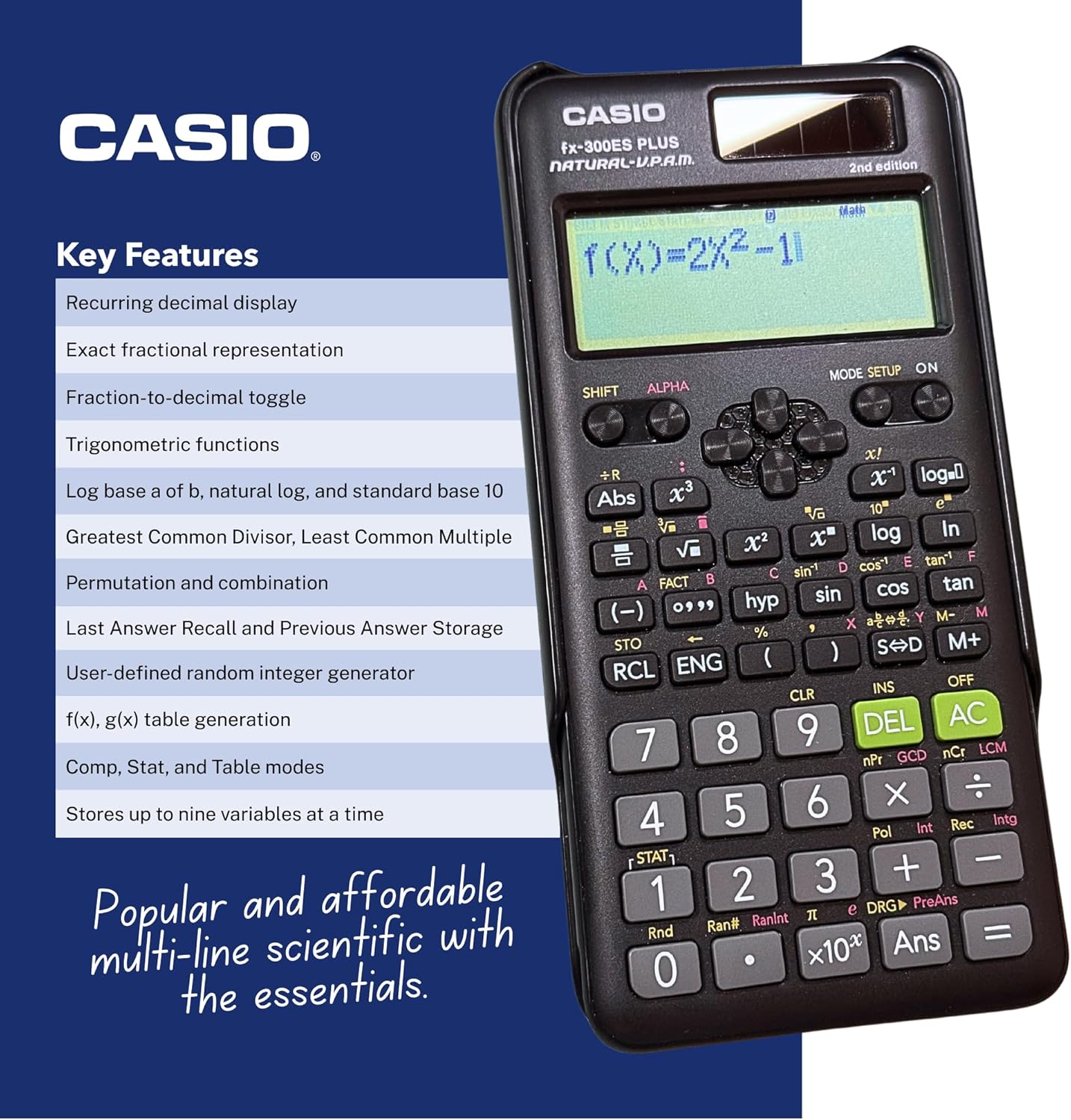 Casio fx-300ES Plus 2nd Edition – Standard Scientific Calculator | 262 Functions, Natural Textbook Display℠ | Ideal for Middle School, High School Math, Statistics & Algebra | Black
