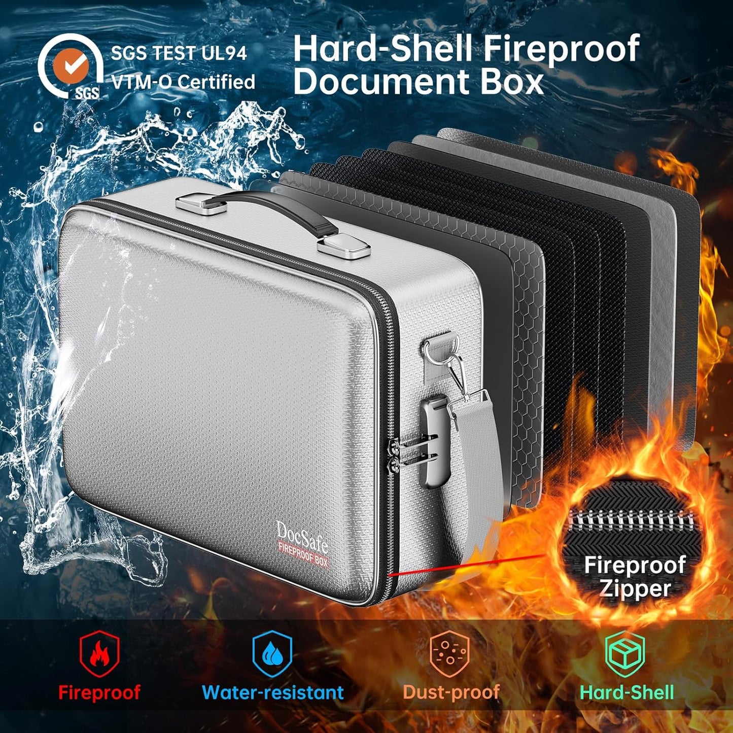 DocSafe Fireproof Document Box with Lock＆Shoulder Strap,Hard Case File Organizer with Accordion File Folder,Multi-Layer Portable Home Office Travel Safe Storage for Important Documents Laptop Silver