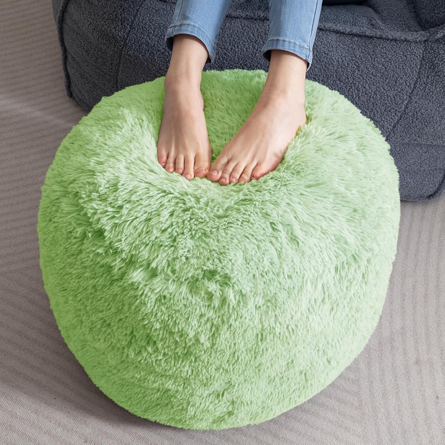 HIGOGOGO Round Stuffed Pouf Ottoman, Long Faux Fur Poufs with Foam Chunk Filling, Fluffy and Furry Pouf Foot Stool Storage Ottoman, 20 X 15 Floor Poufs Foot Rest for Living Room, Green