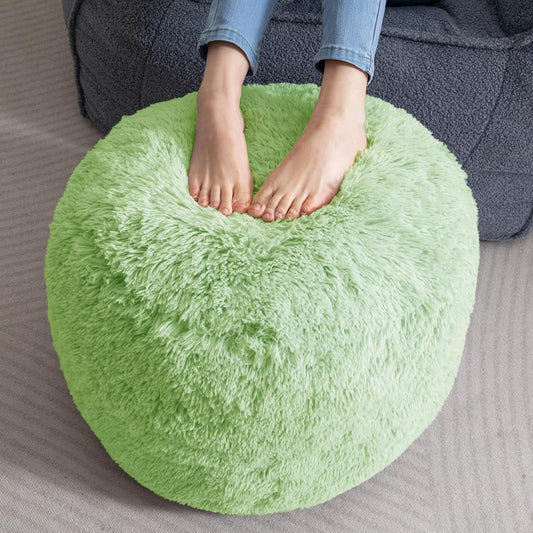 HIGOGOGO Round Stuffed Pouf Ottoman, Long Faux Fur Poufs with Foam Chunk Filling, Fluffy and Furry Pouf Foot Stool Storage Ottoman, 20 X 15 Floor Poufs Foot Rest for Living Room, Green