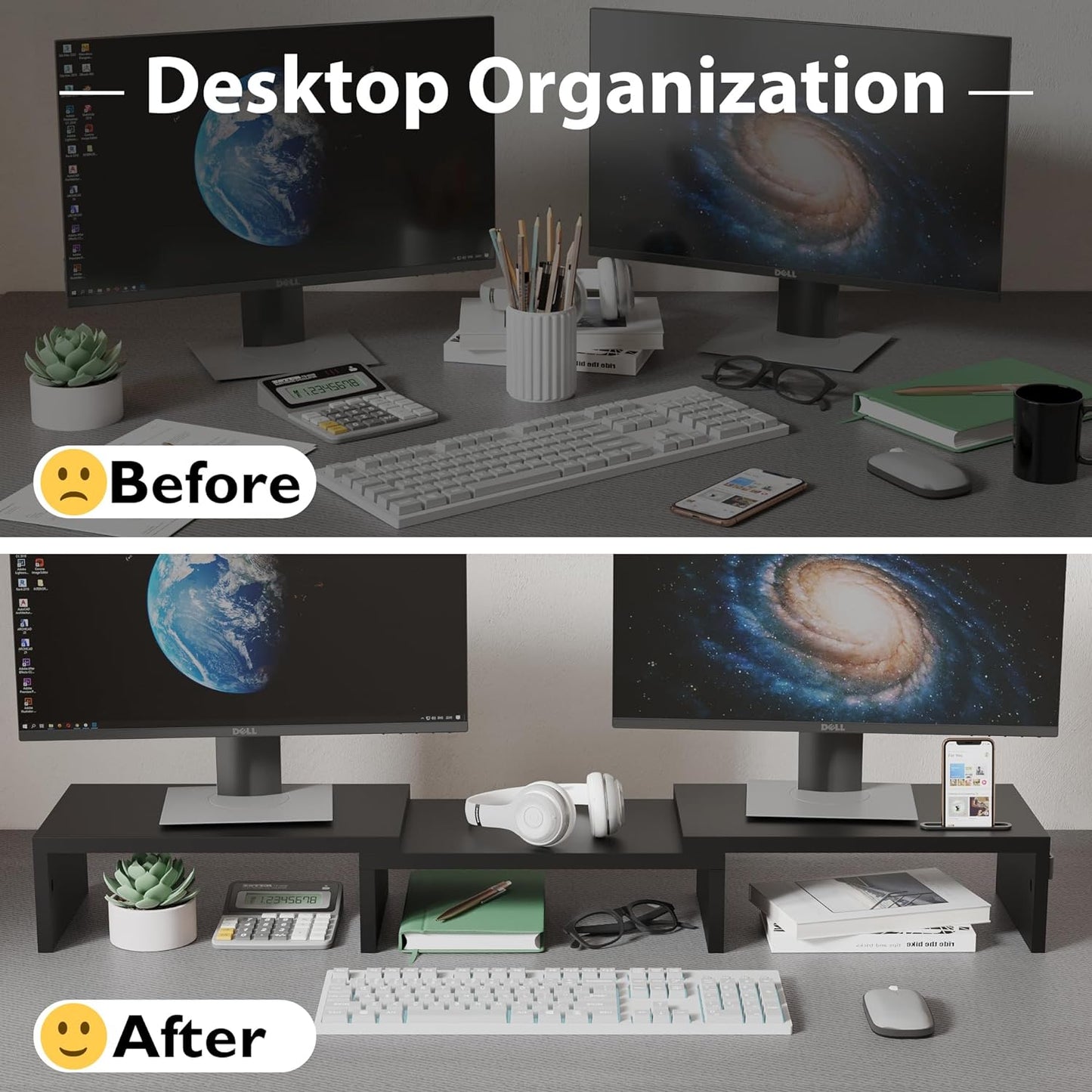 BONTEC Dual Monitor Stand Riser with Smartphone Holder, Adjustable Length & Swivel Angle, Ergonomic Wooden Desktop Organizer for PC Monitor, Laptop, Printer, Large Storage, Black