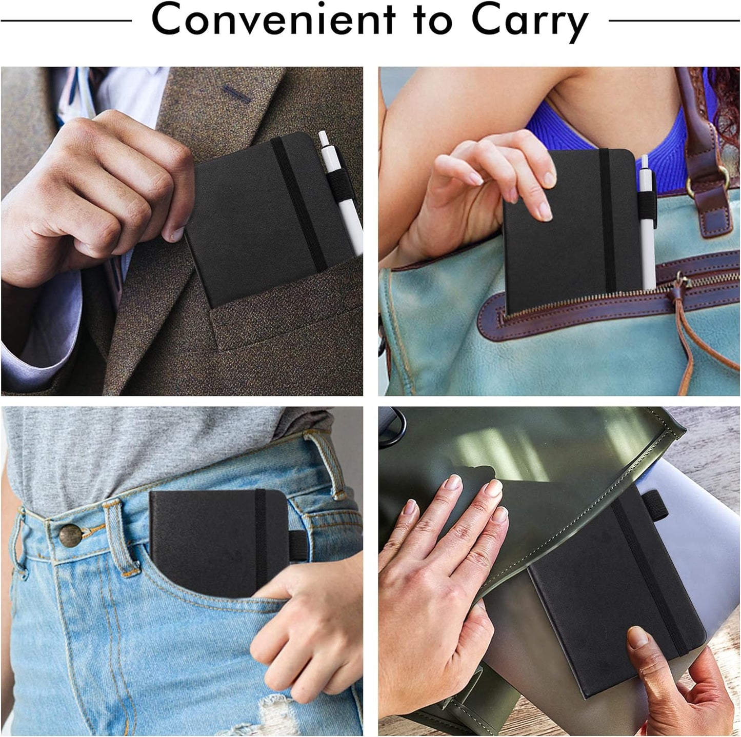 feela 6 Pack Pocket Mini Notebooks Bulk, Small Cute Memo Notepads Hardcover College Ruled Lined Journals with Pen Holder for School Business Work, with 6 Black Pens, 3.5”x 5.5”, A6, Black