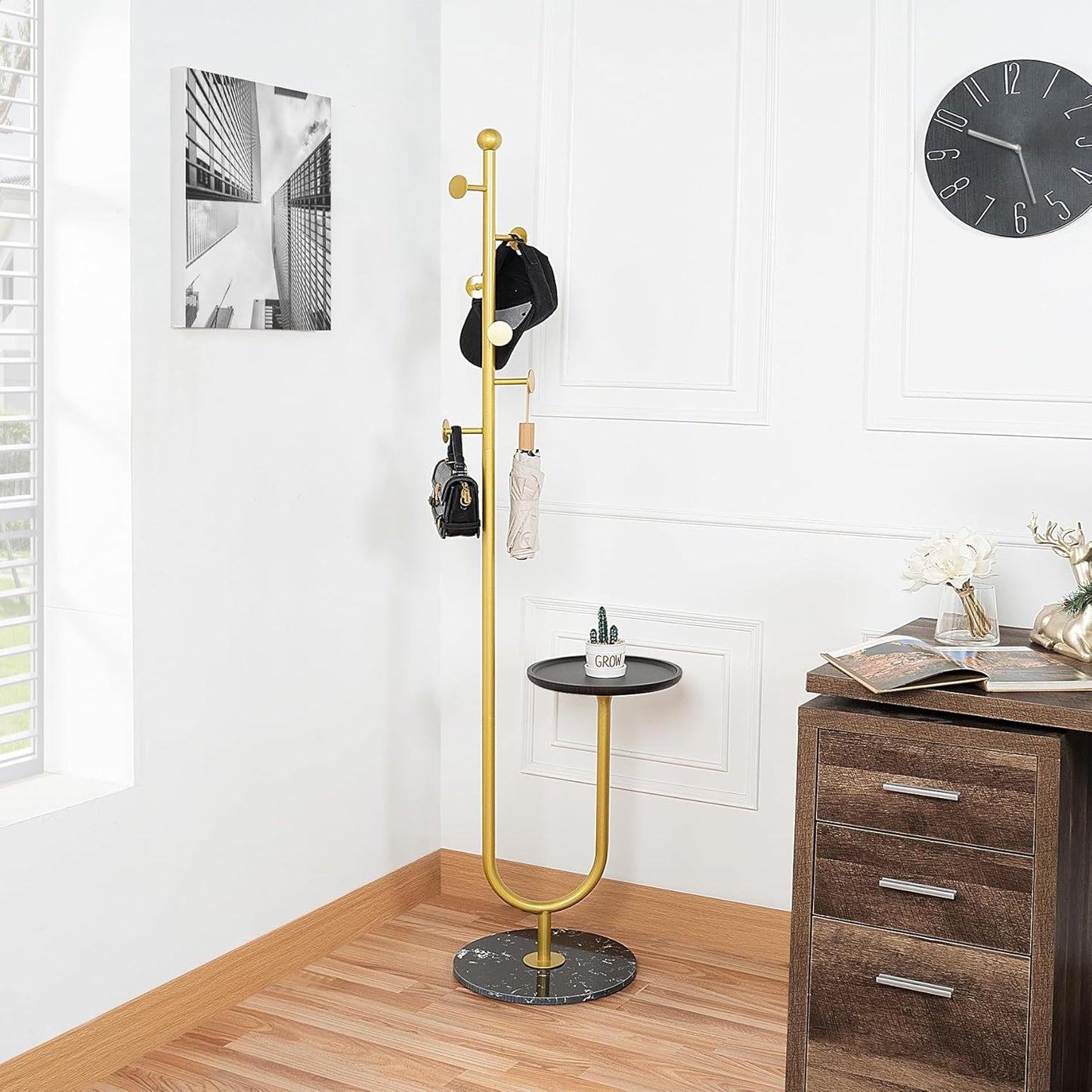 Coat Rack Stand, Metal Coat Tree with Bamboo Tray & 6 Hooks, Heavy Duty Marble Base Corner Coat Stand for Bedroom Hallway Entryway Living Room Office 13.78 x 13.78 x 68.11 Inches (Gold)